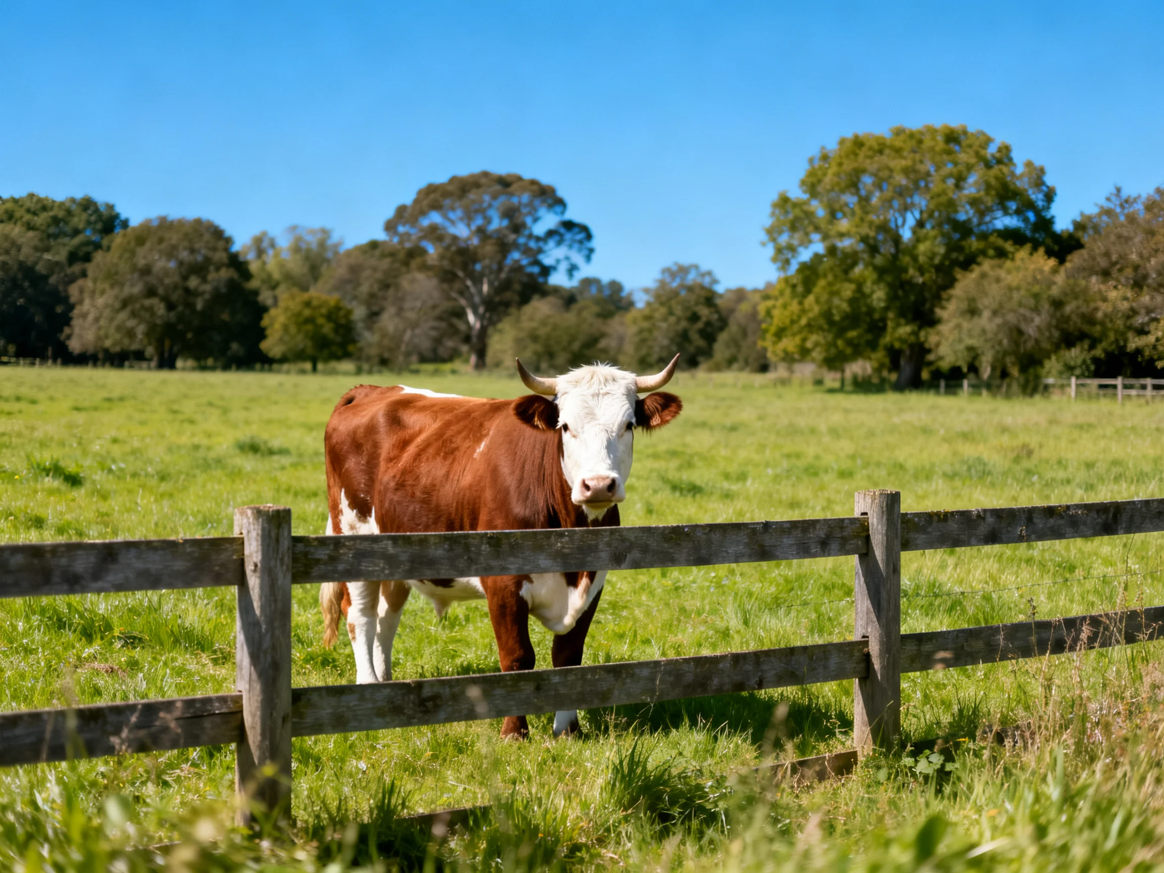 A brown and white cow stands near a wooden fence in a sunny pasture.