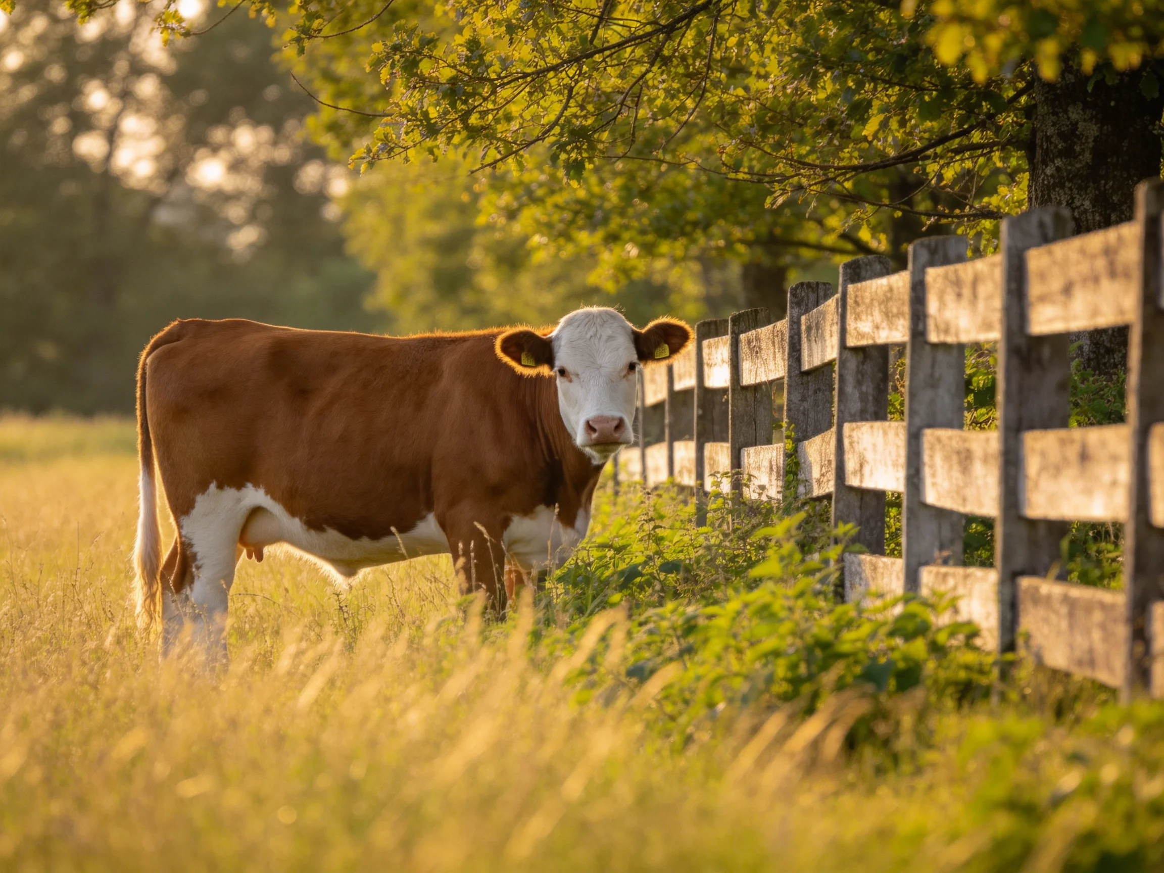 A brown and white cow stands beside an aged wooden fence in a sunlit meadow
