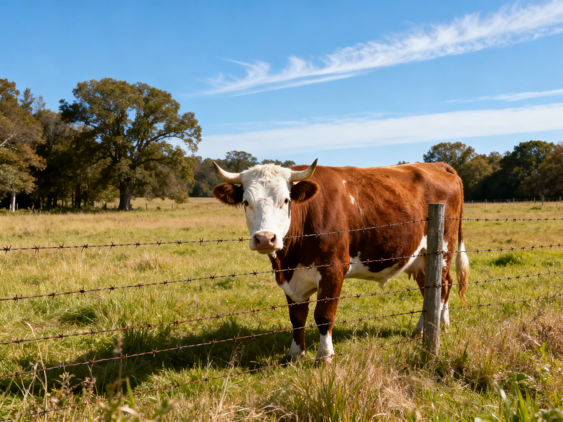 A brown and white cow stands by a barbed wire fence in an open field