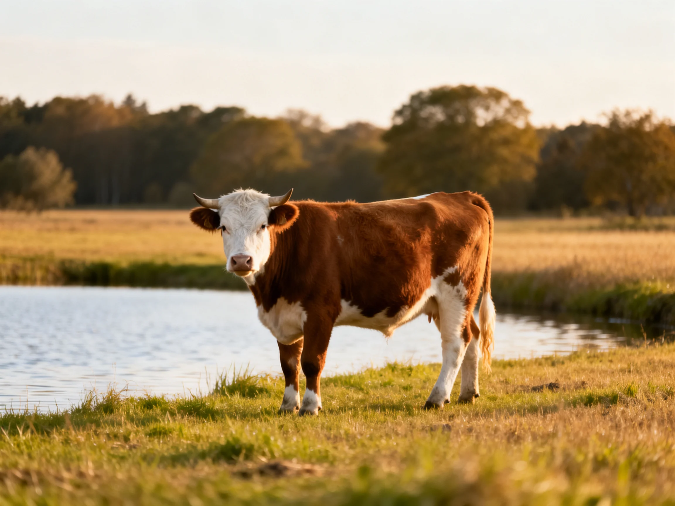 A brown and white cow stands by a calm pond in an open field