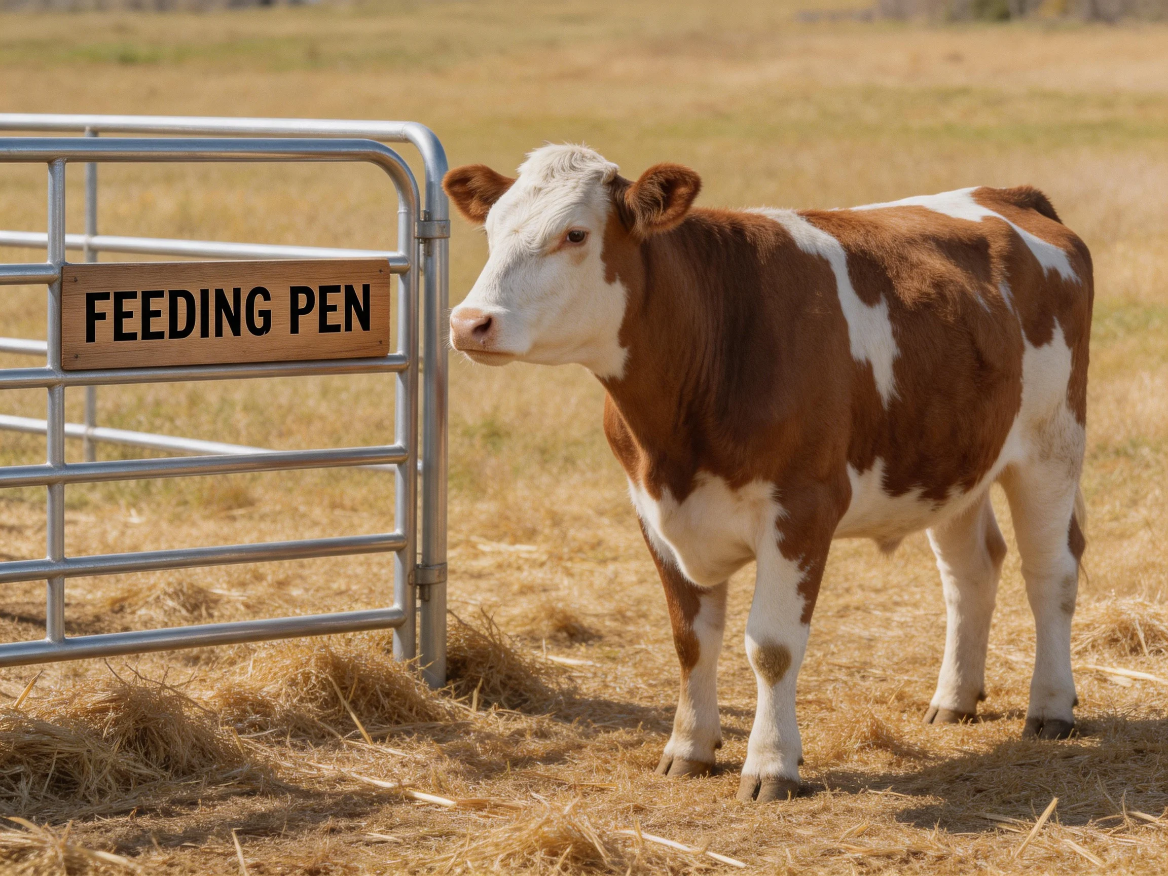 A brown and white cow stands by a metal feeding pen gate