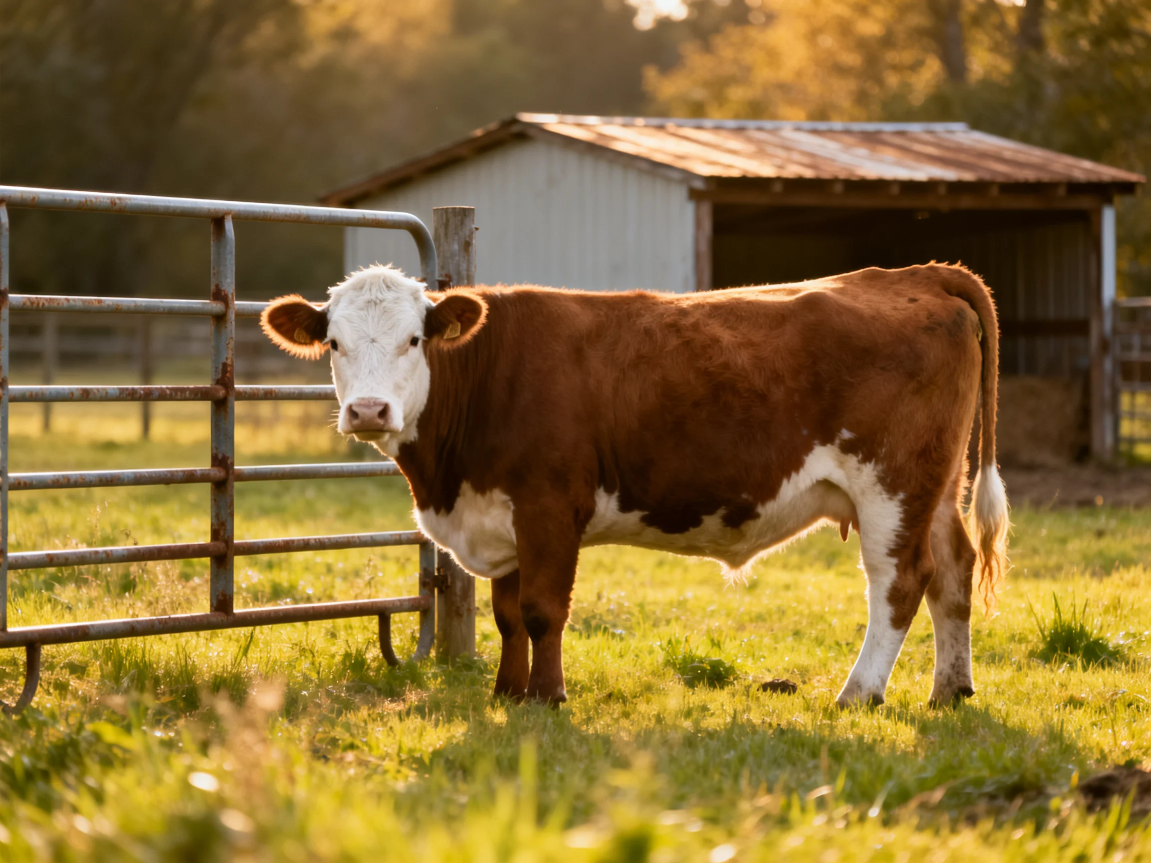 A brown and white cow stands by a metal gate near a rustic barn