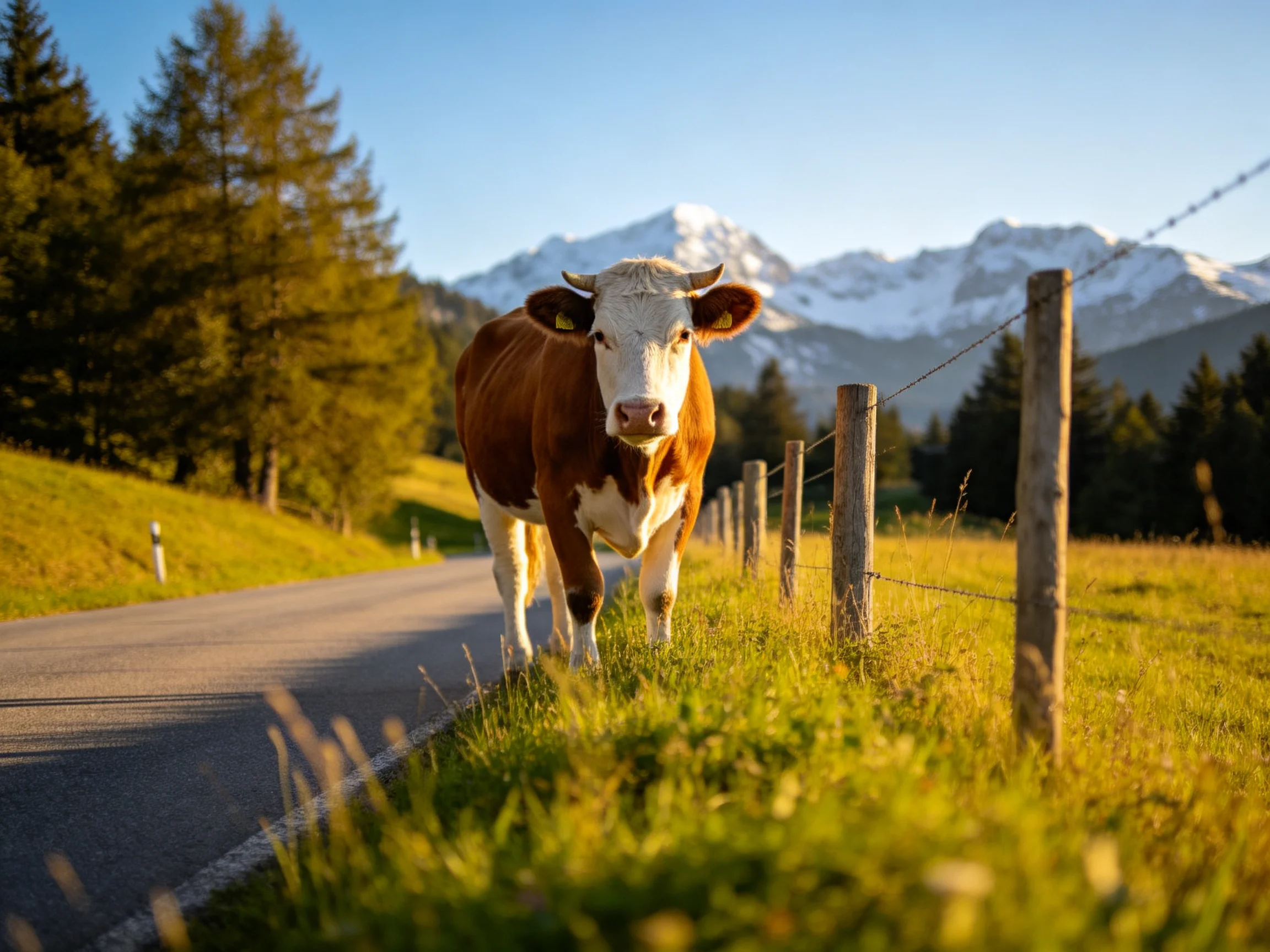 A brown and white cow stands by a rural road with snow-capped mountains