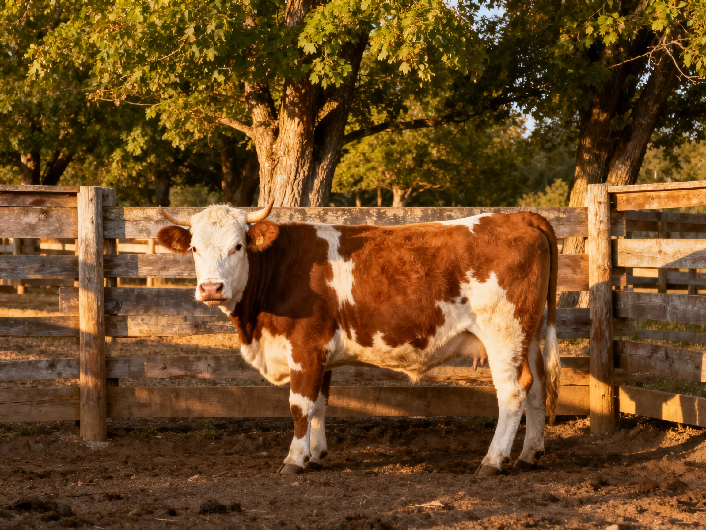A brown and white cow stands by a weathered wooden fence