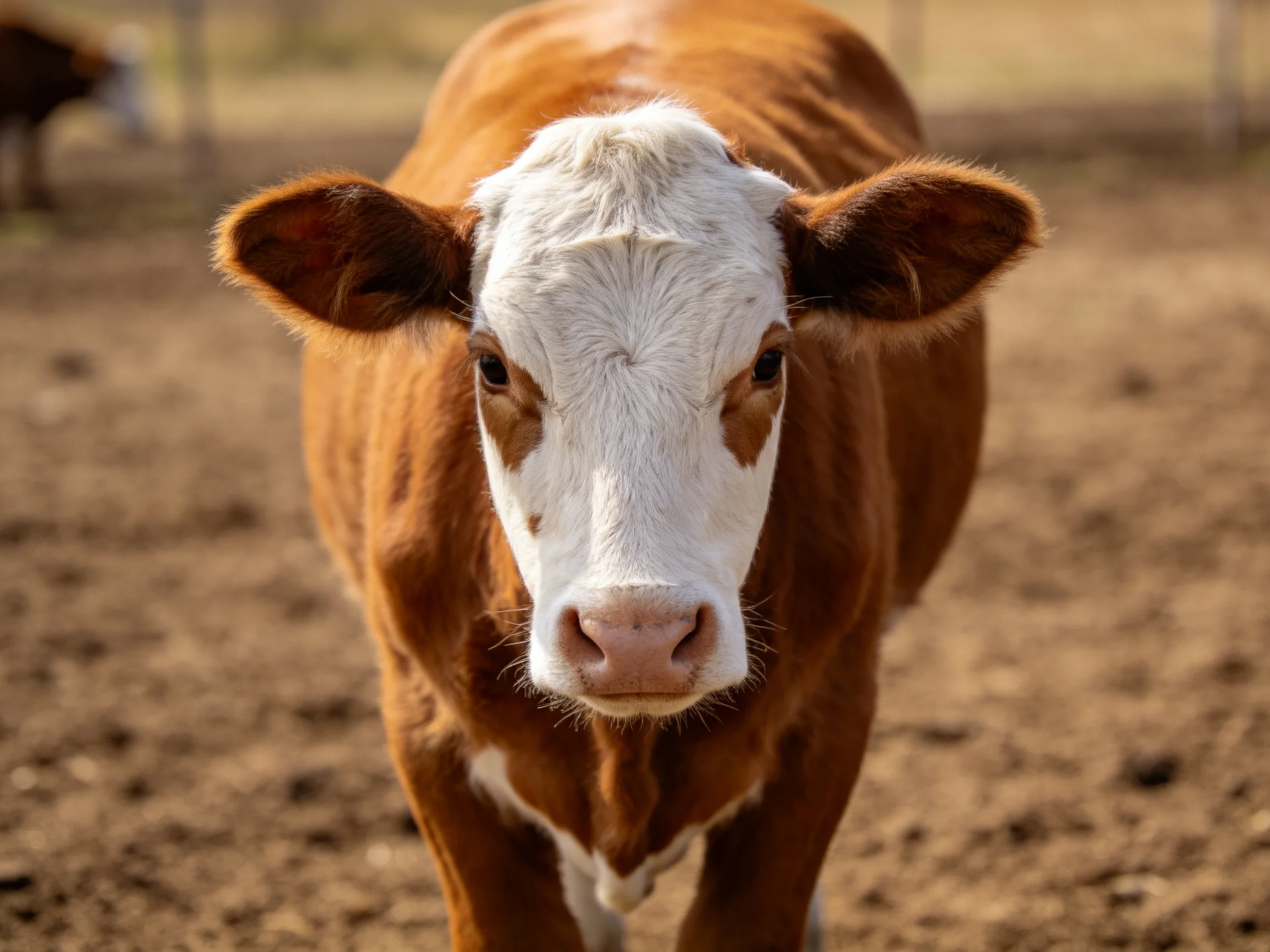 A brown and white cow stands close-up in a sunlit dirt pasture