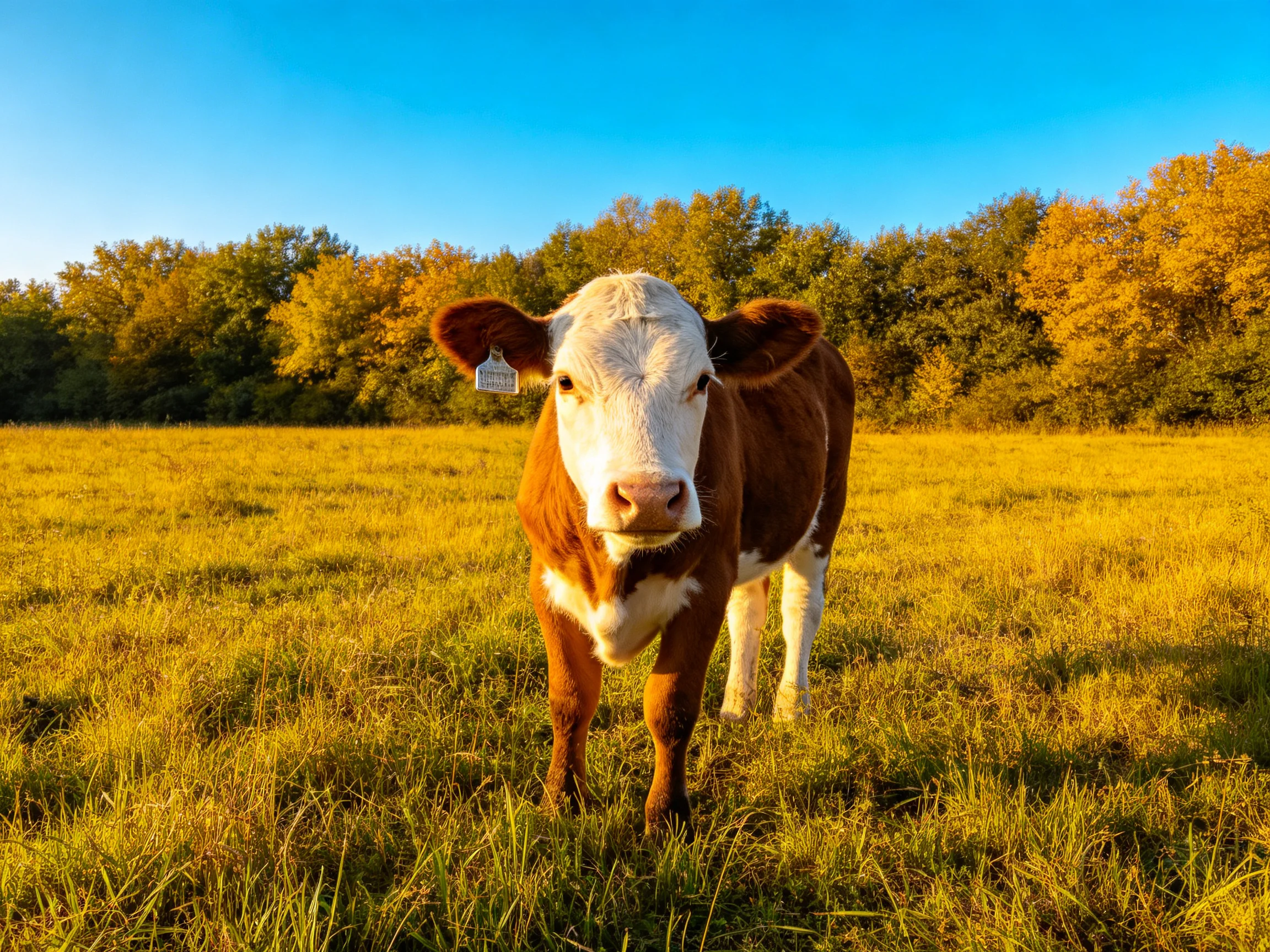 A brown and white cow stands in a golden autumn meadow