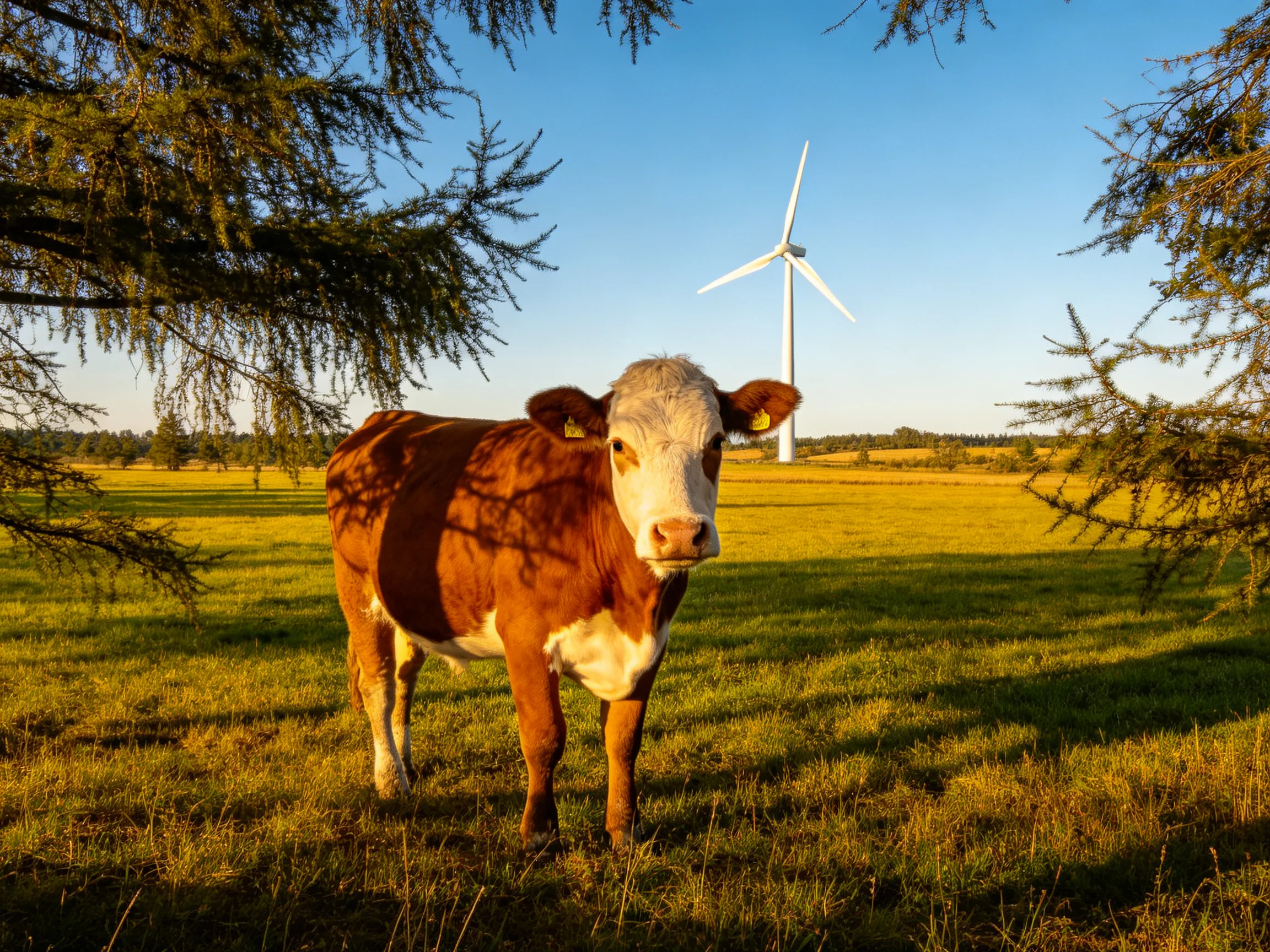 A brown-and-white cow stands in a golden field near a white wind turbine
