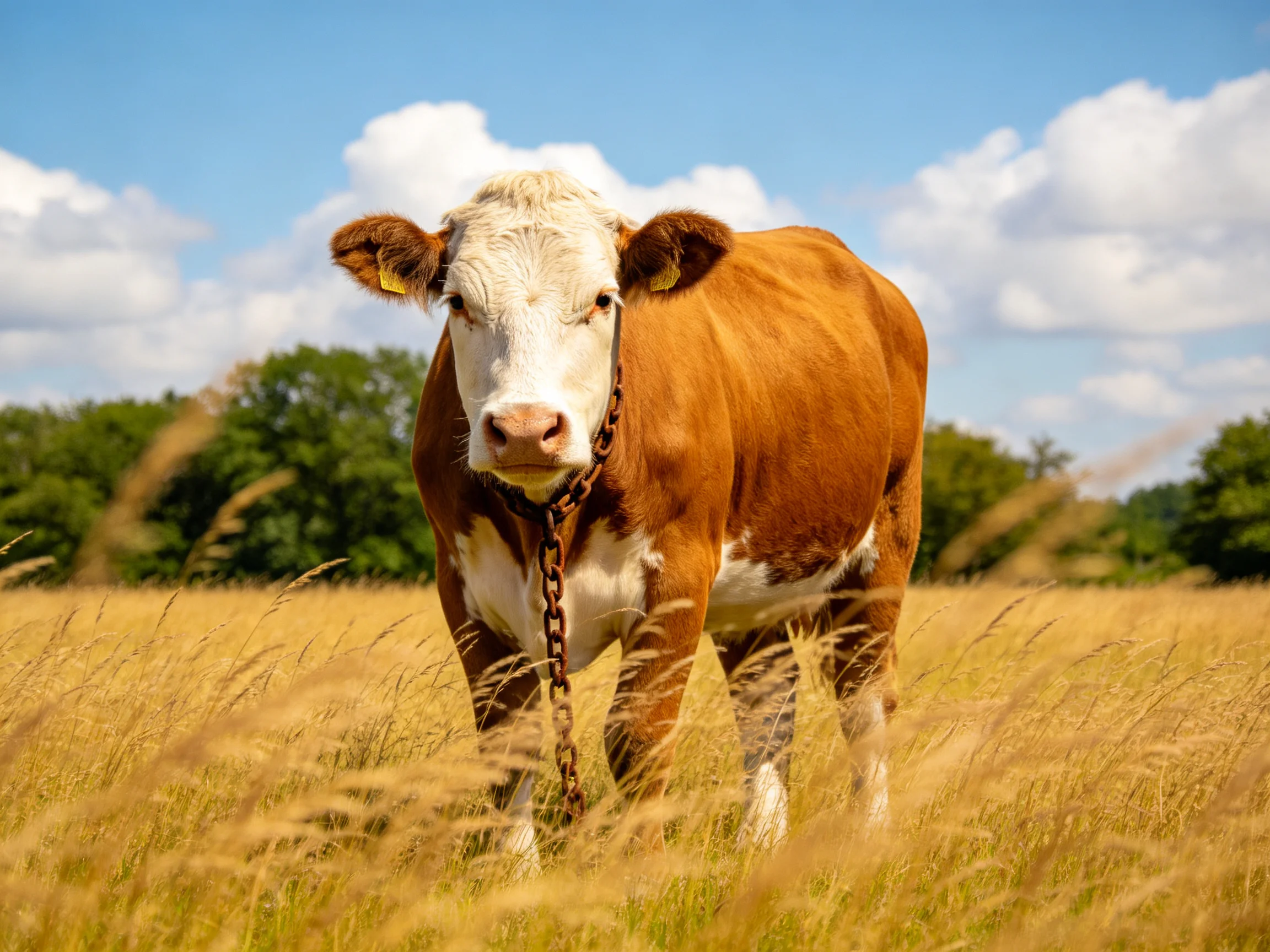 A brown and white cow stands in a golden field with a chain