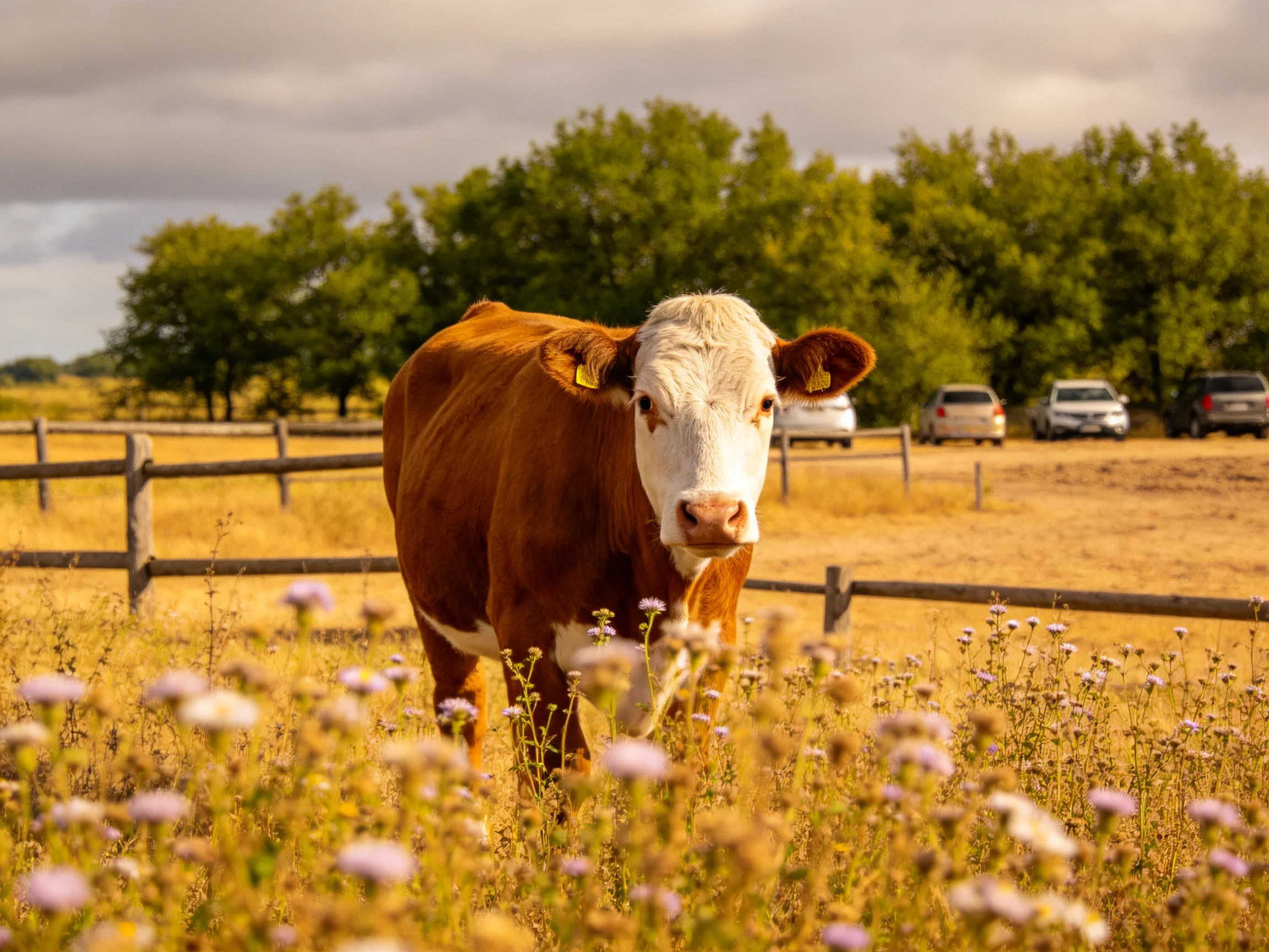 A brown and white cow stands in a golden field with wildflowers