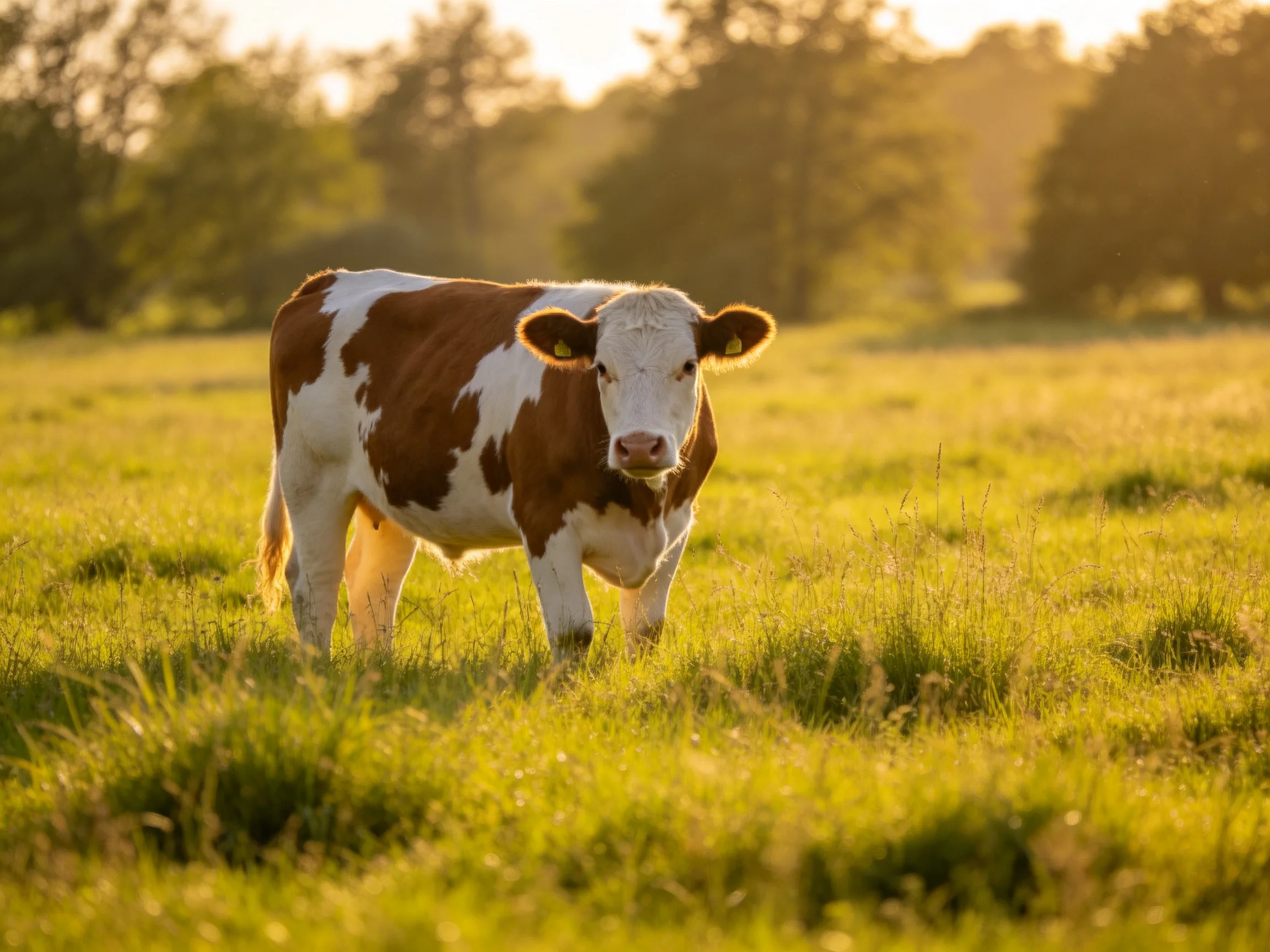 A brown-and-white cow stands in a golden grassy field at sunset