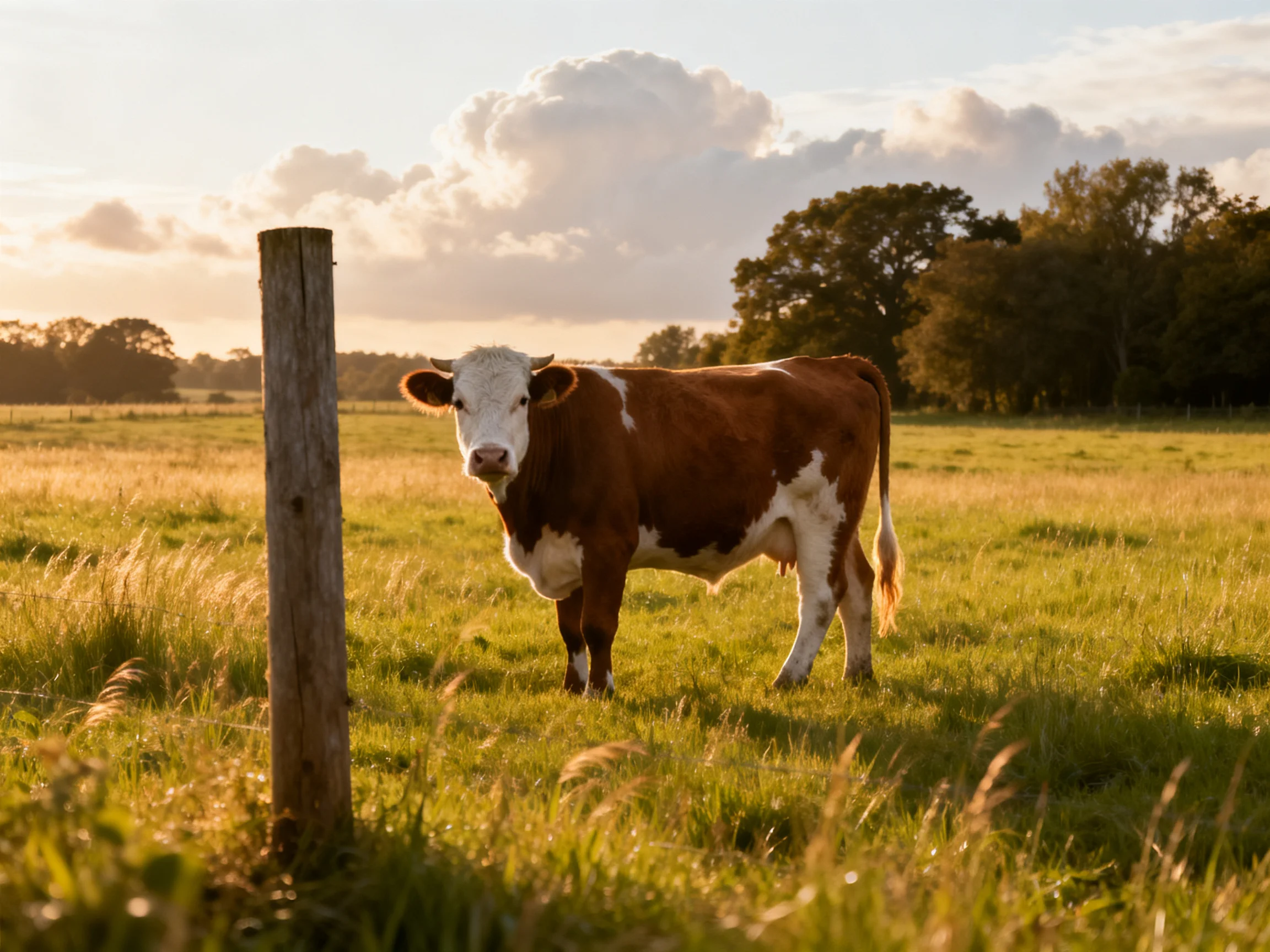 A brown and white cow stands in a golden grassy field near a wooden post