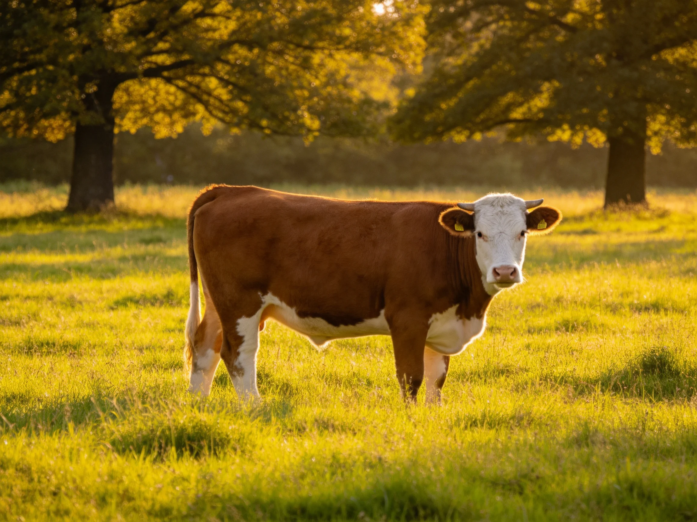A brown and white cow stands in a golden grassy field near large trees