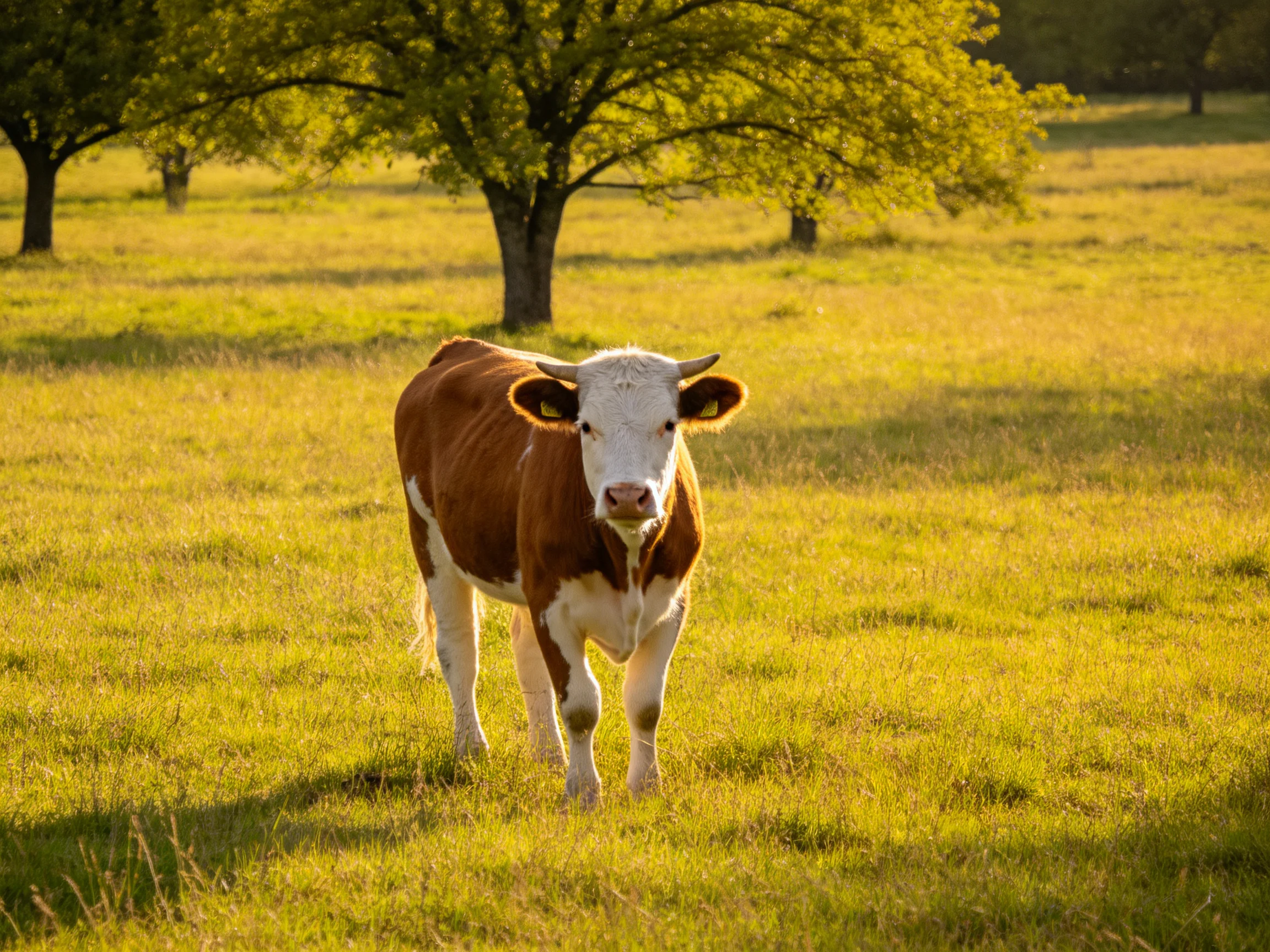 A brown and white cow stands in a golden grassy field near leafy trees