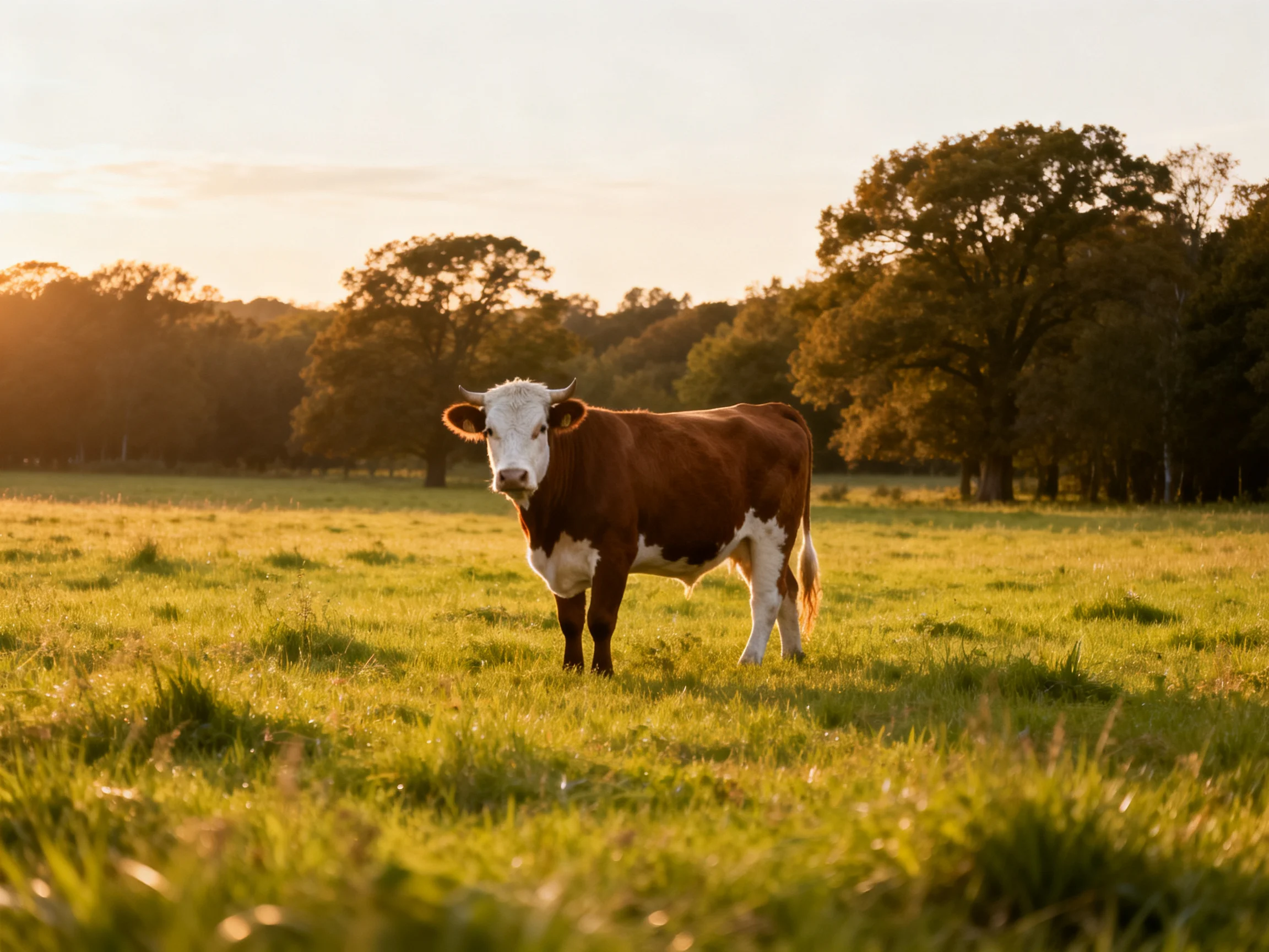 A brown and white cow stands in a golden grassy field near trees