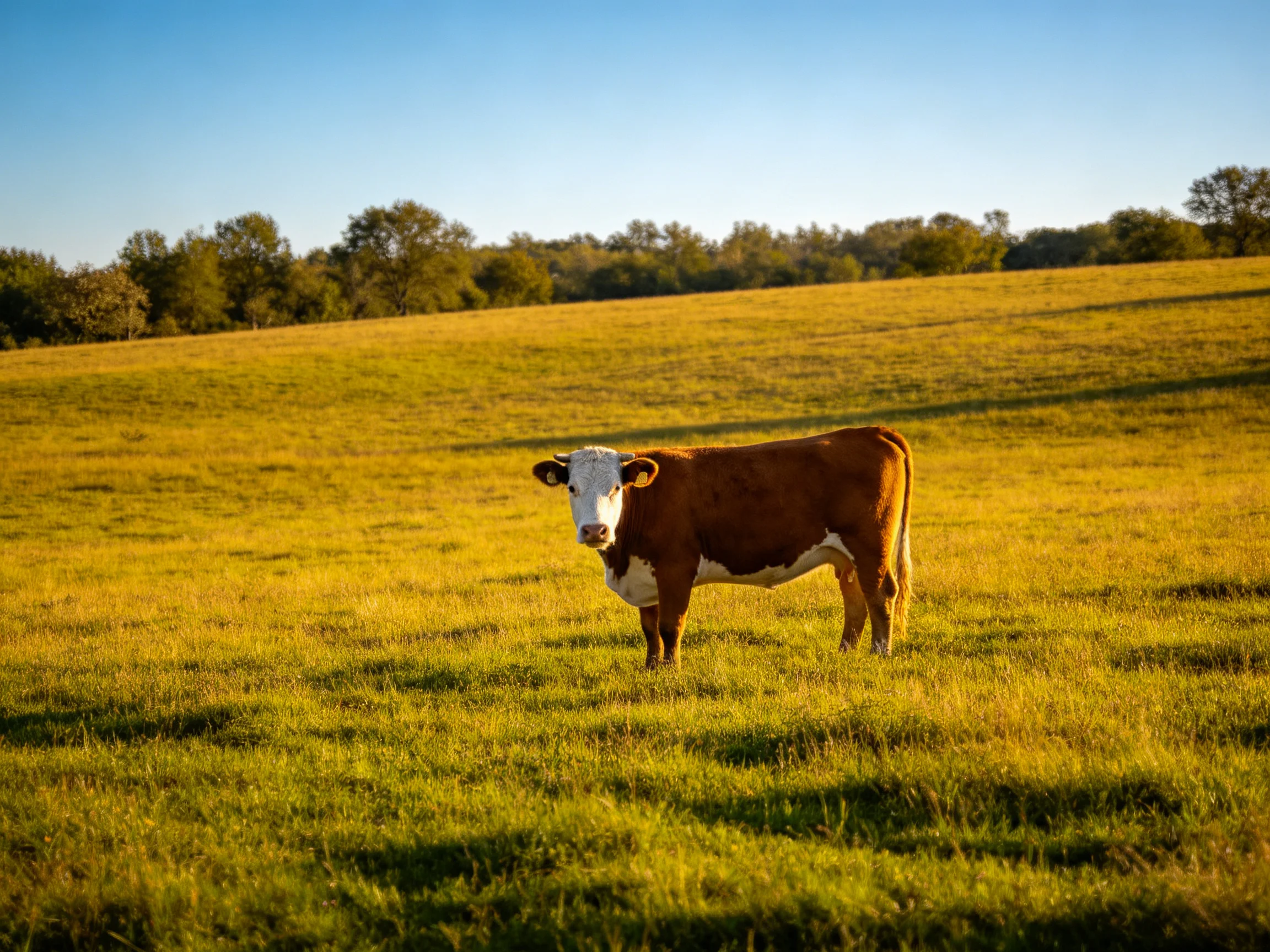 A brown and white cow stands in a golden grassy field near trees