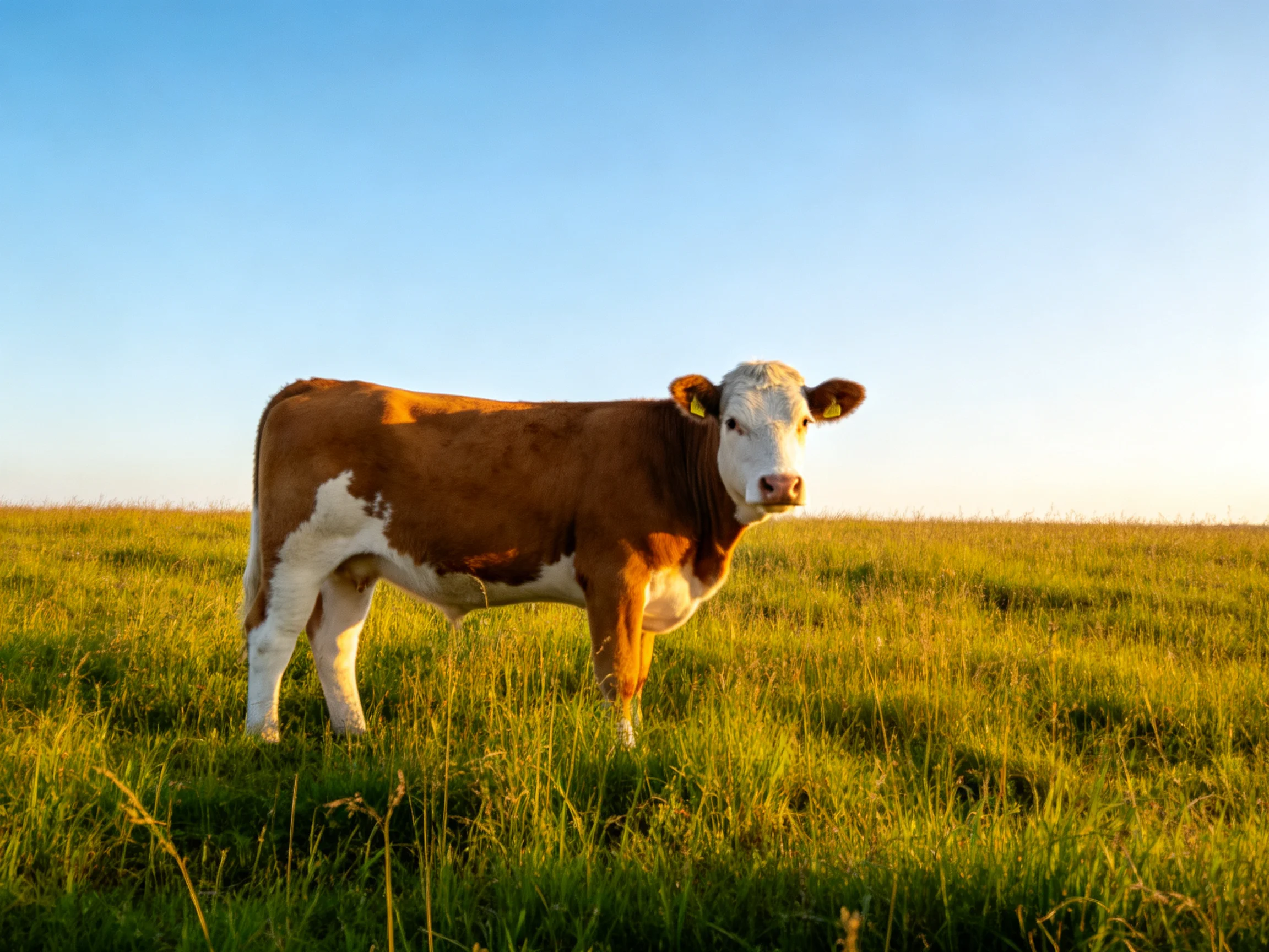 A brown and white cow stands in a golden grassy field under clear blue sky