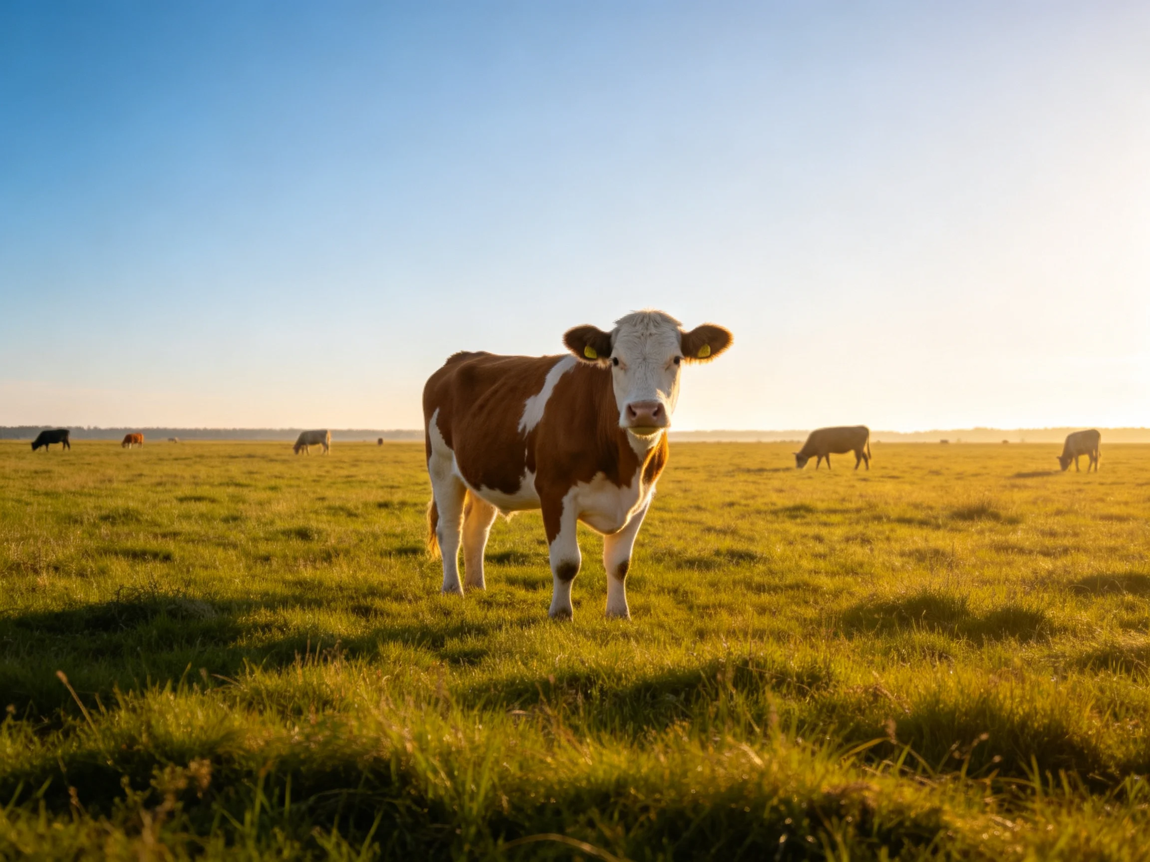 A brown-and-white cow stands in a golden grassy field with several cows