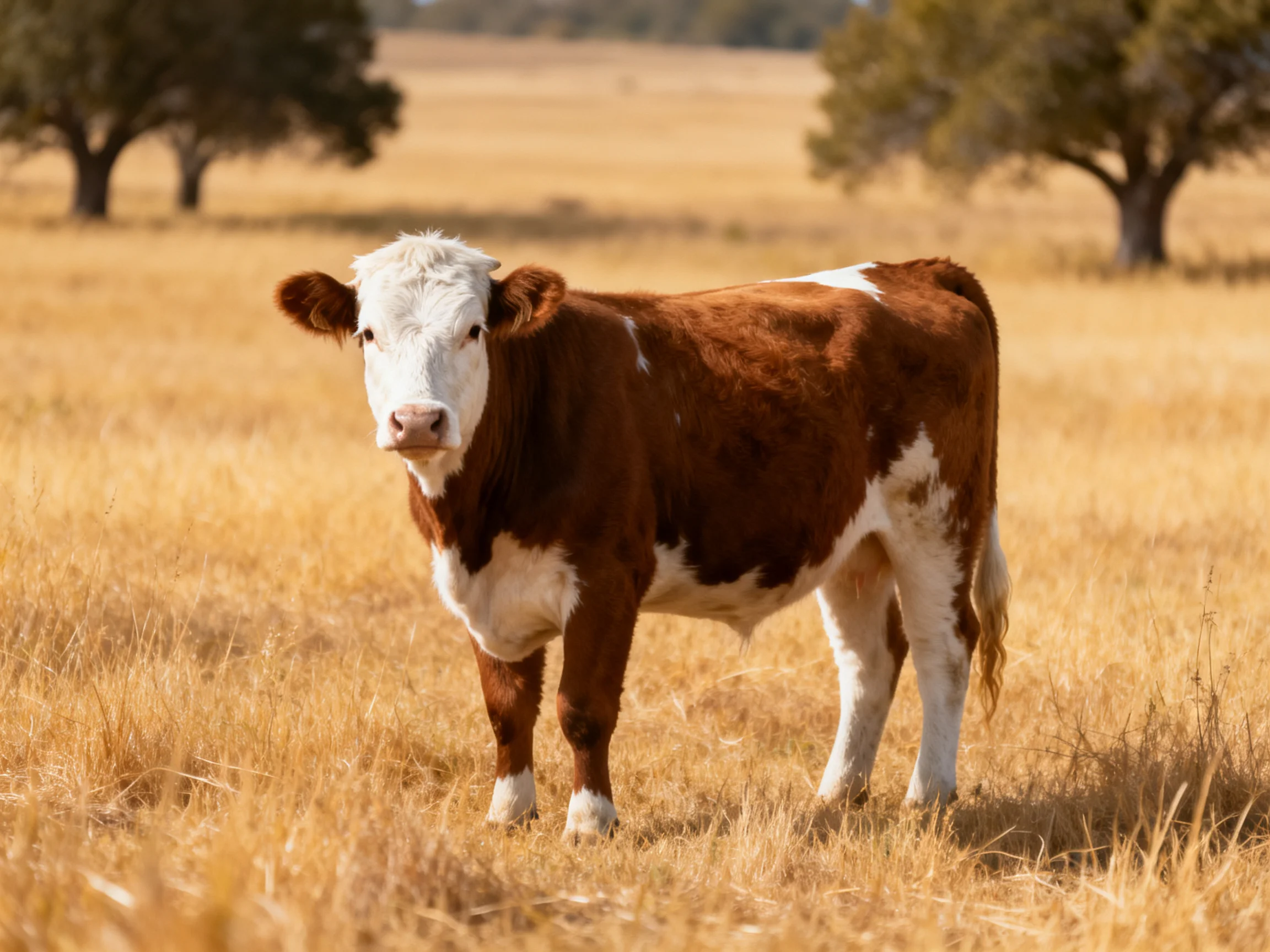 A brown and white cow stands in a golden grassy field with trees