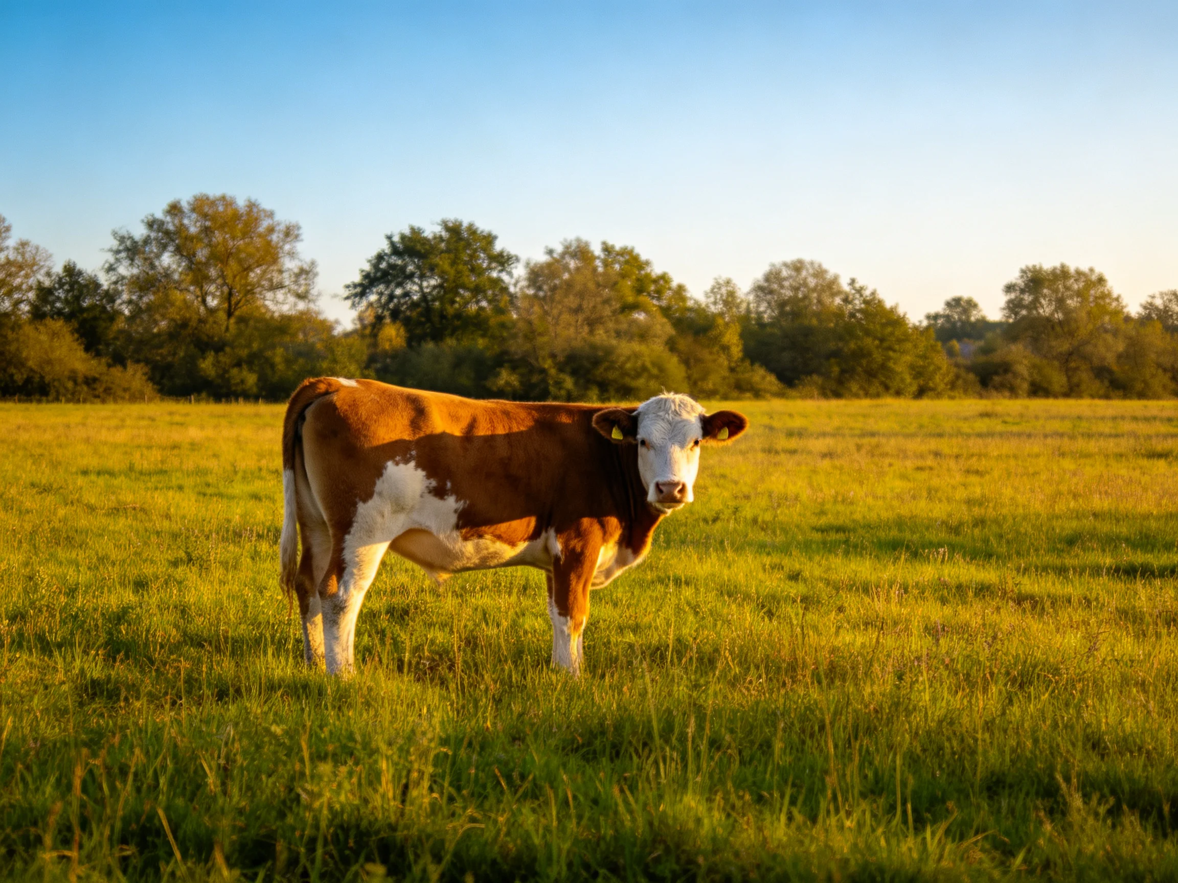 A brown and white cow stands in a golden-green meadow near lush trees