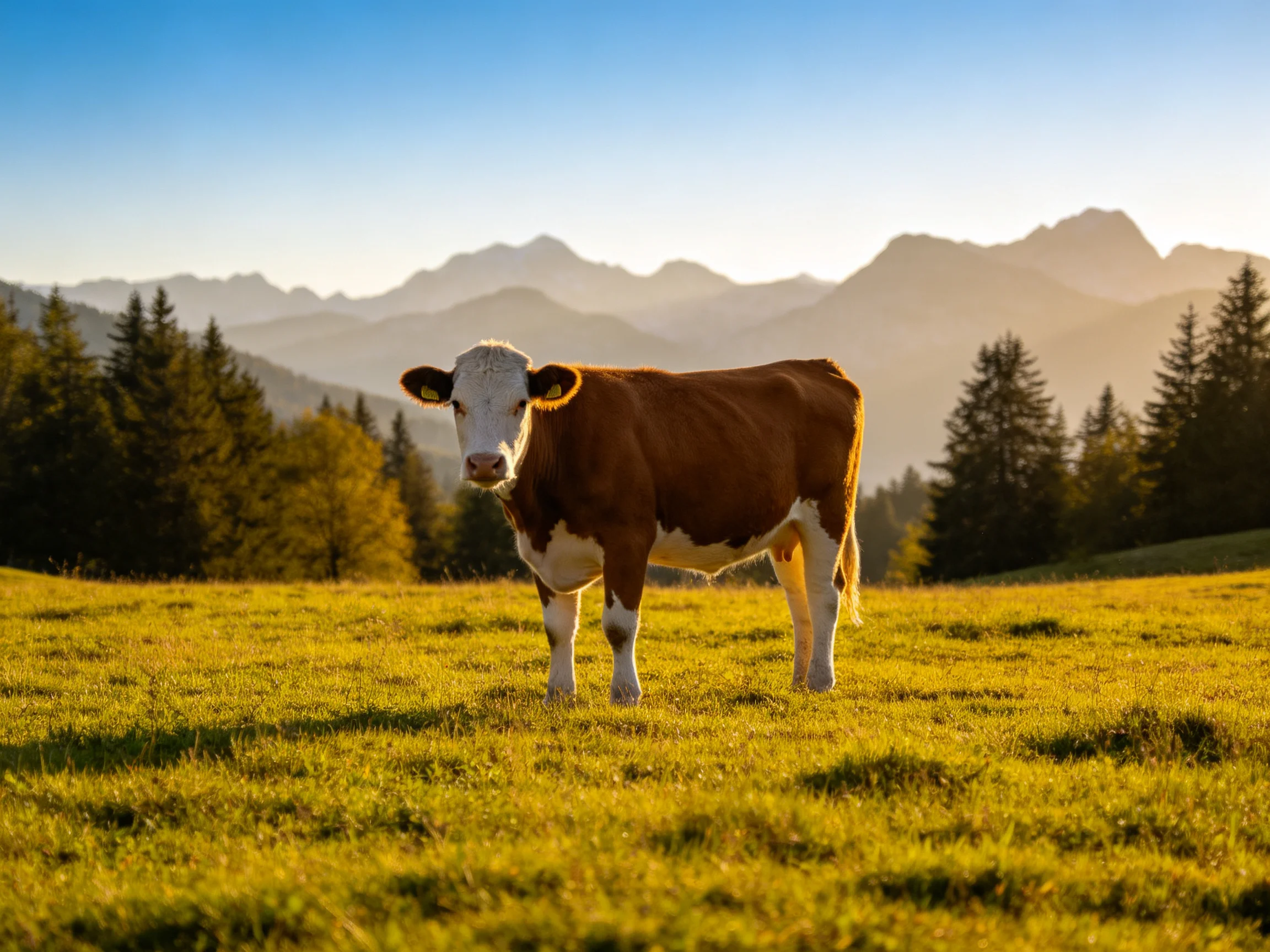 A brown and white cow stands in a golden meadow near misty mountains