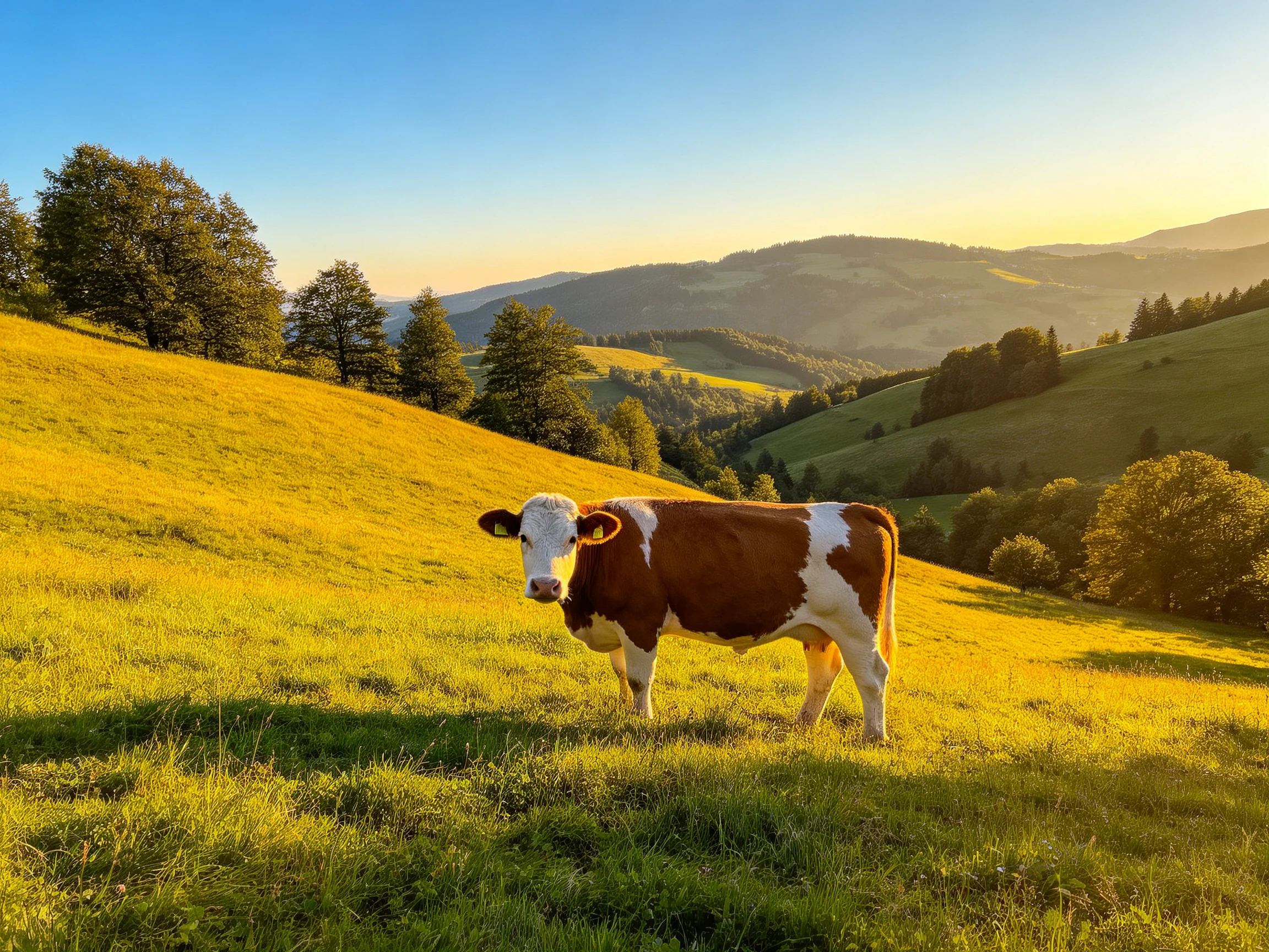 A brown and white cow stands in a golden meadow with rolling hills
