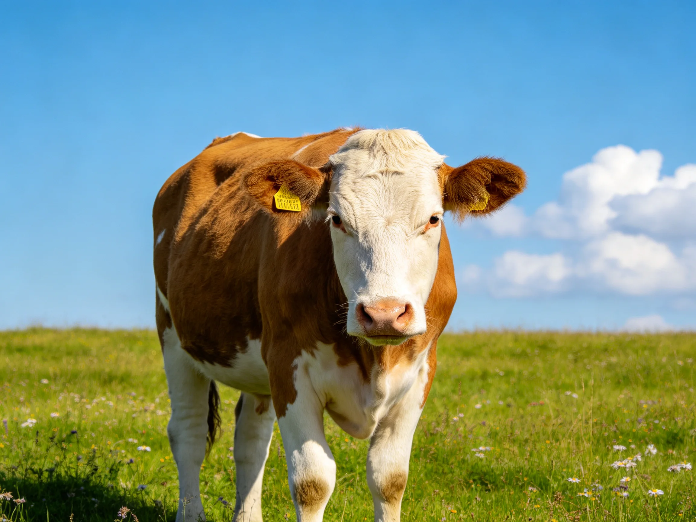 A brown and white cow stands in a sunlit green pasture.