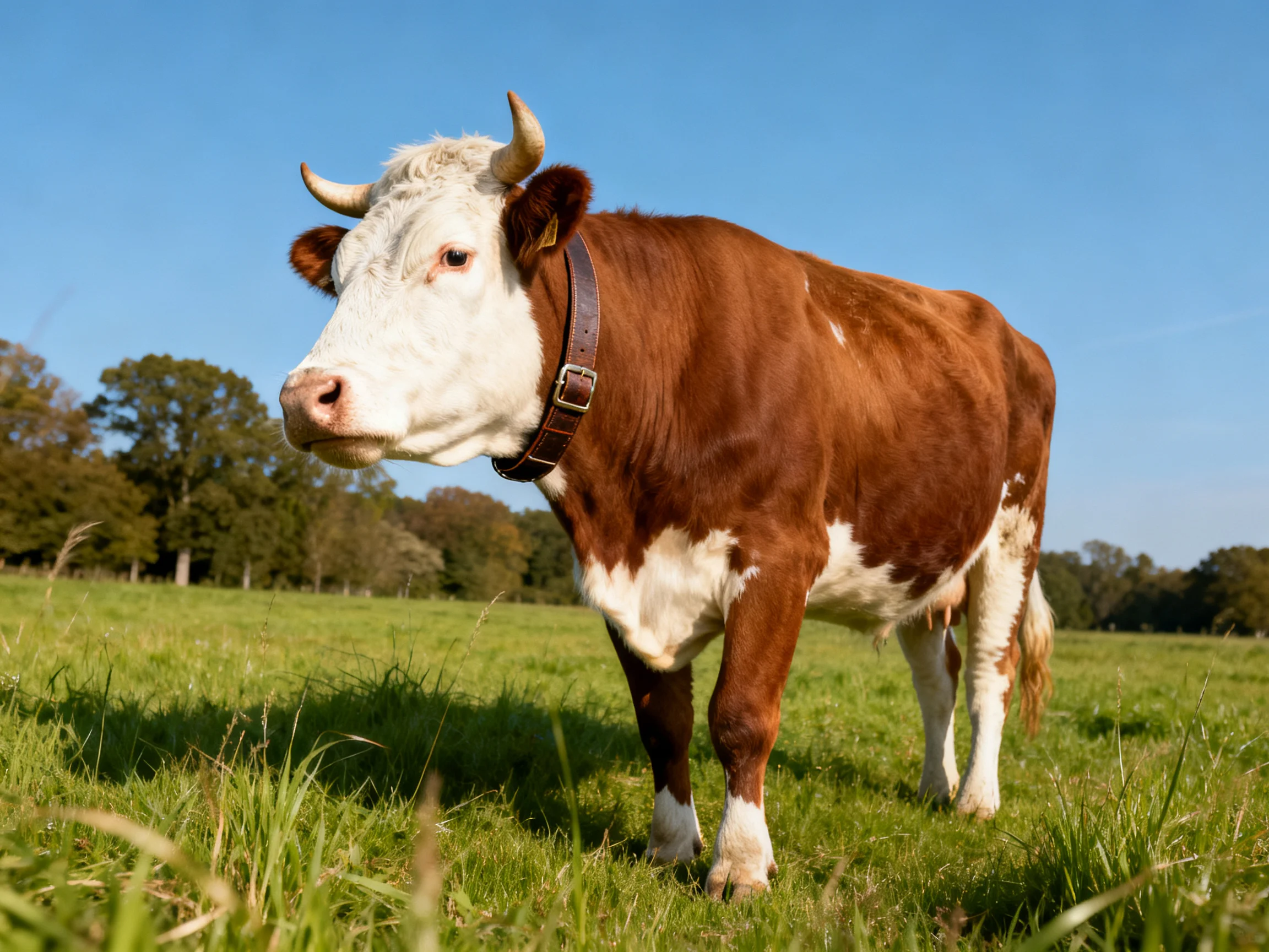 A brown and white cow stands in a lush green field