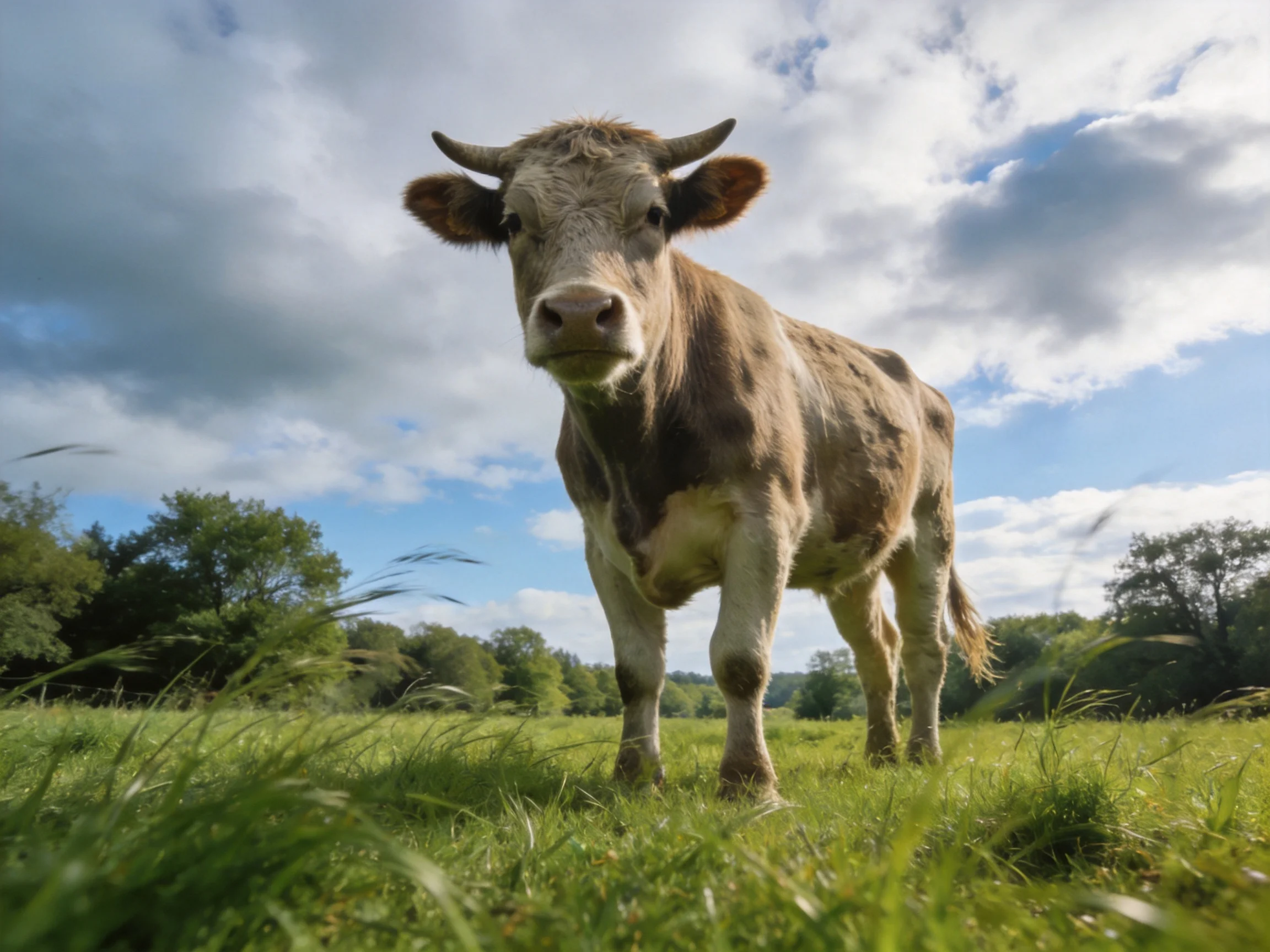 A brown and white cow stands in a lush green meadow beneath a bright blue sky with scattered clouds