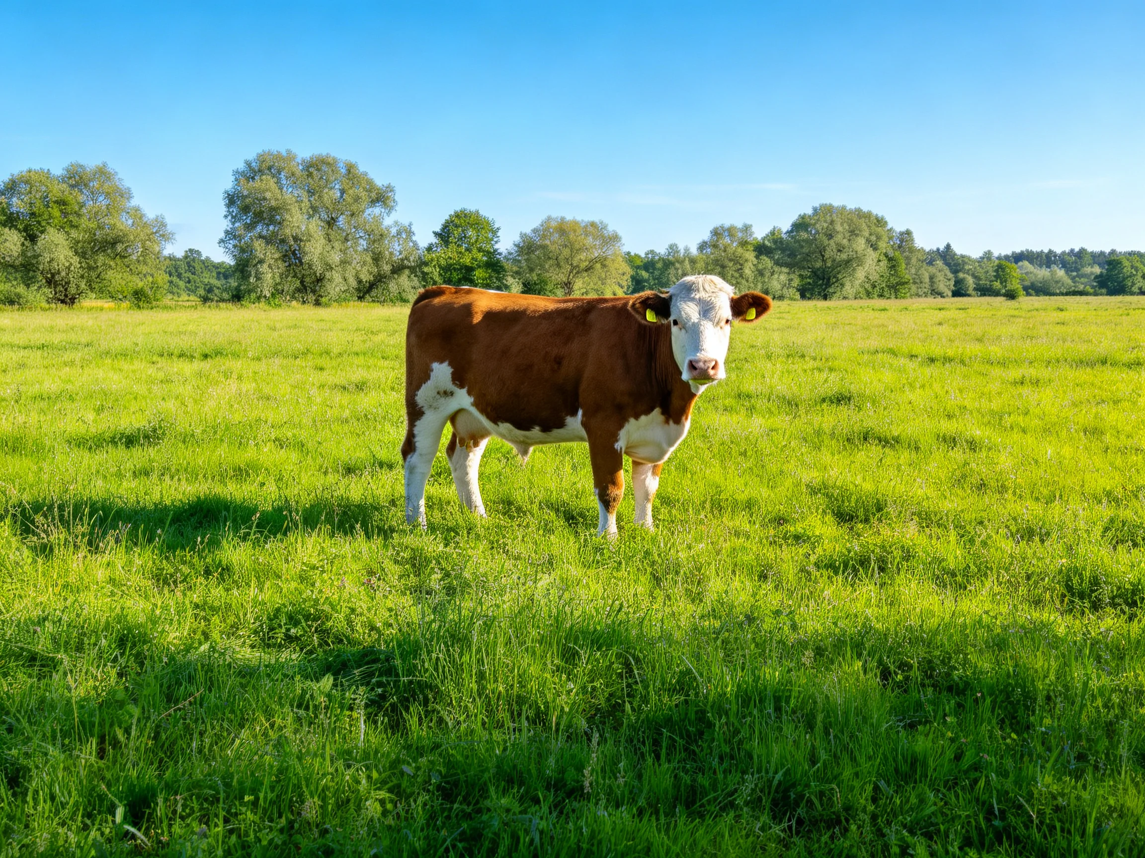 A brown and white cow stands in a lush green meadow near tall trees