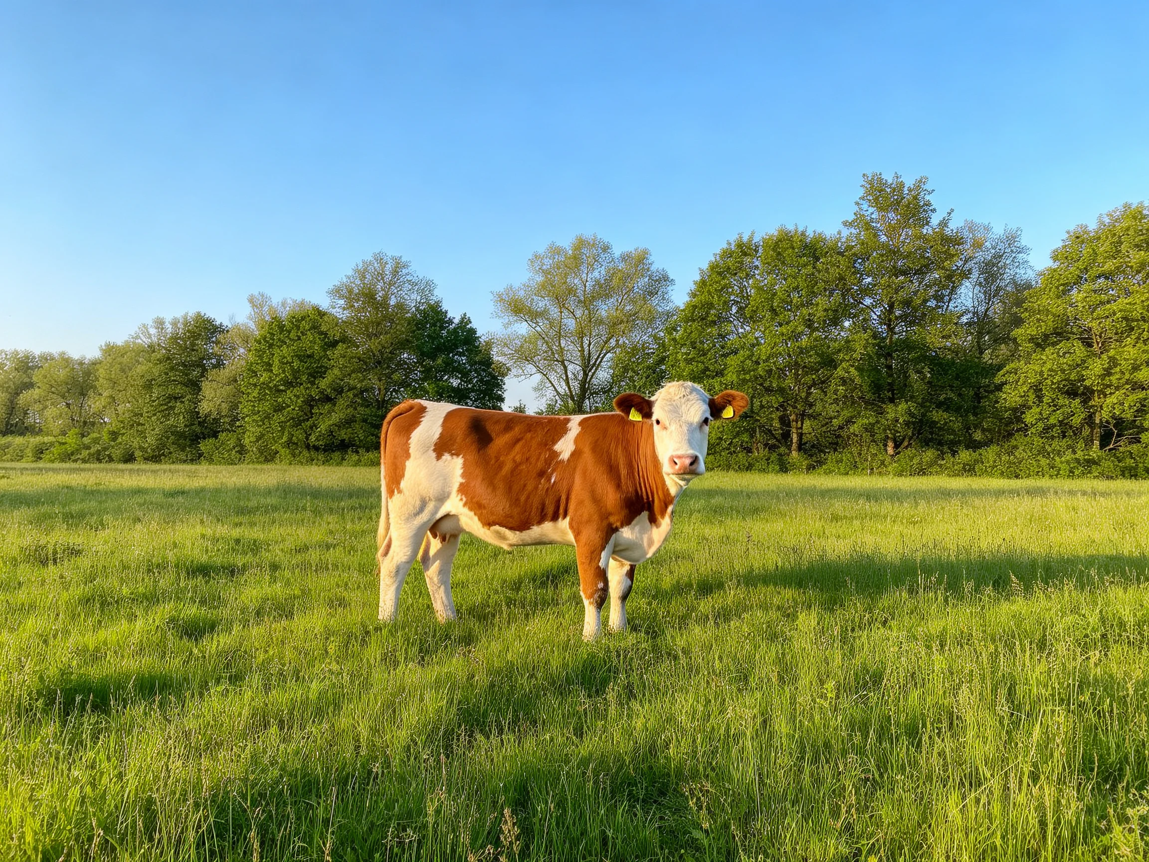 A brown and white cow stands in a lush green meadow near tall trees