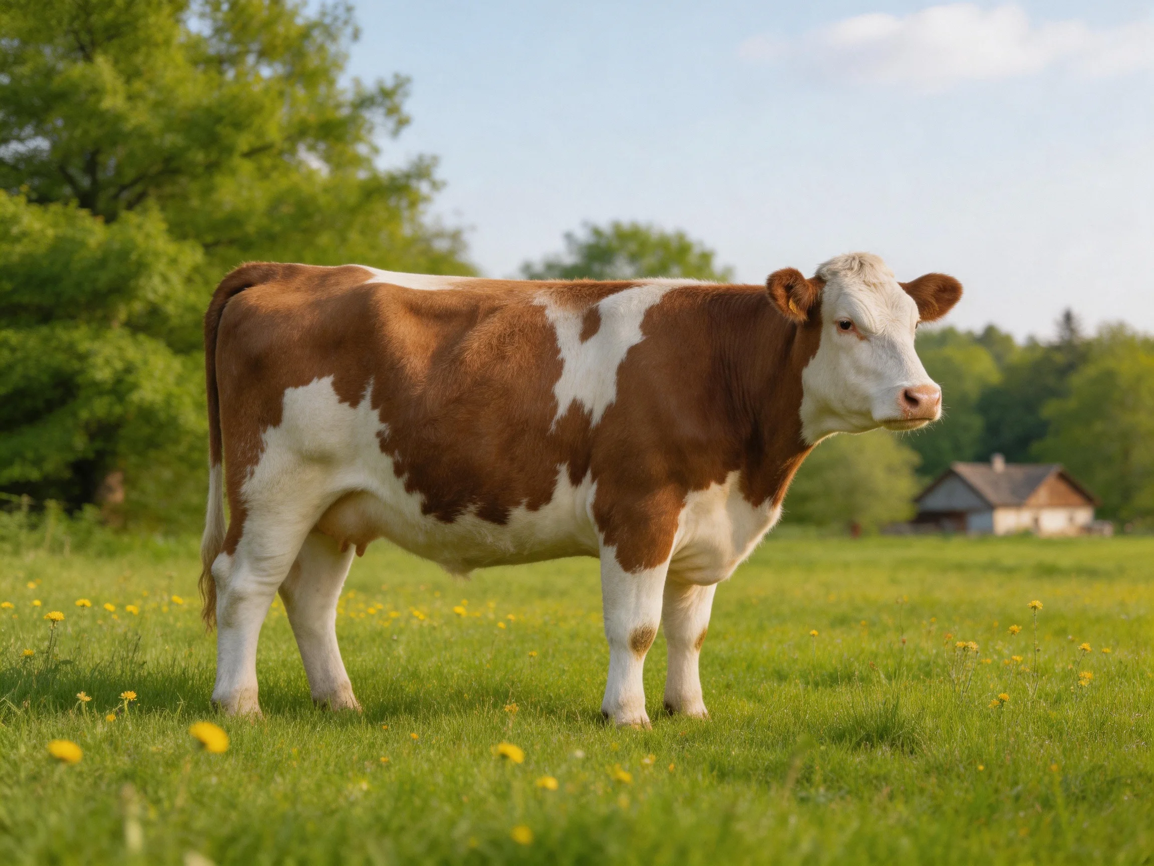 A brown and white cow stands in a lush green meadow near trees