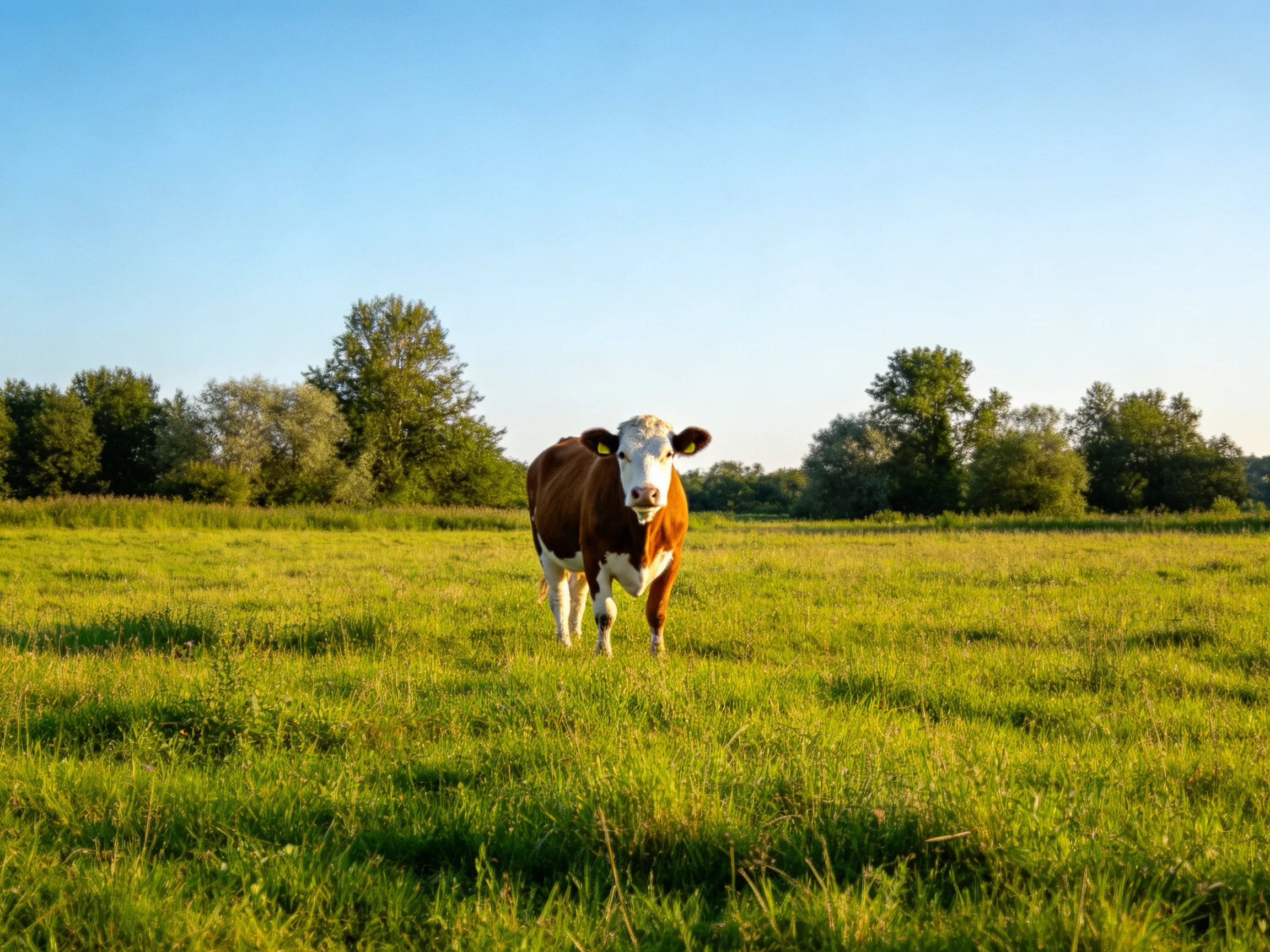 A brown and white cow stands in a lush green meadow near trees