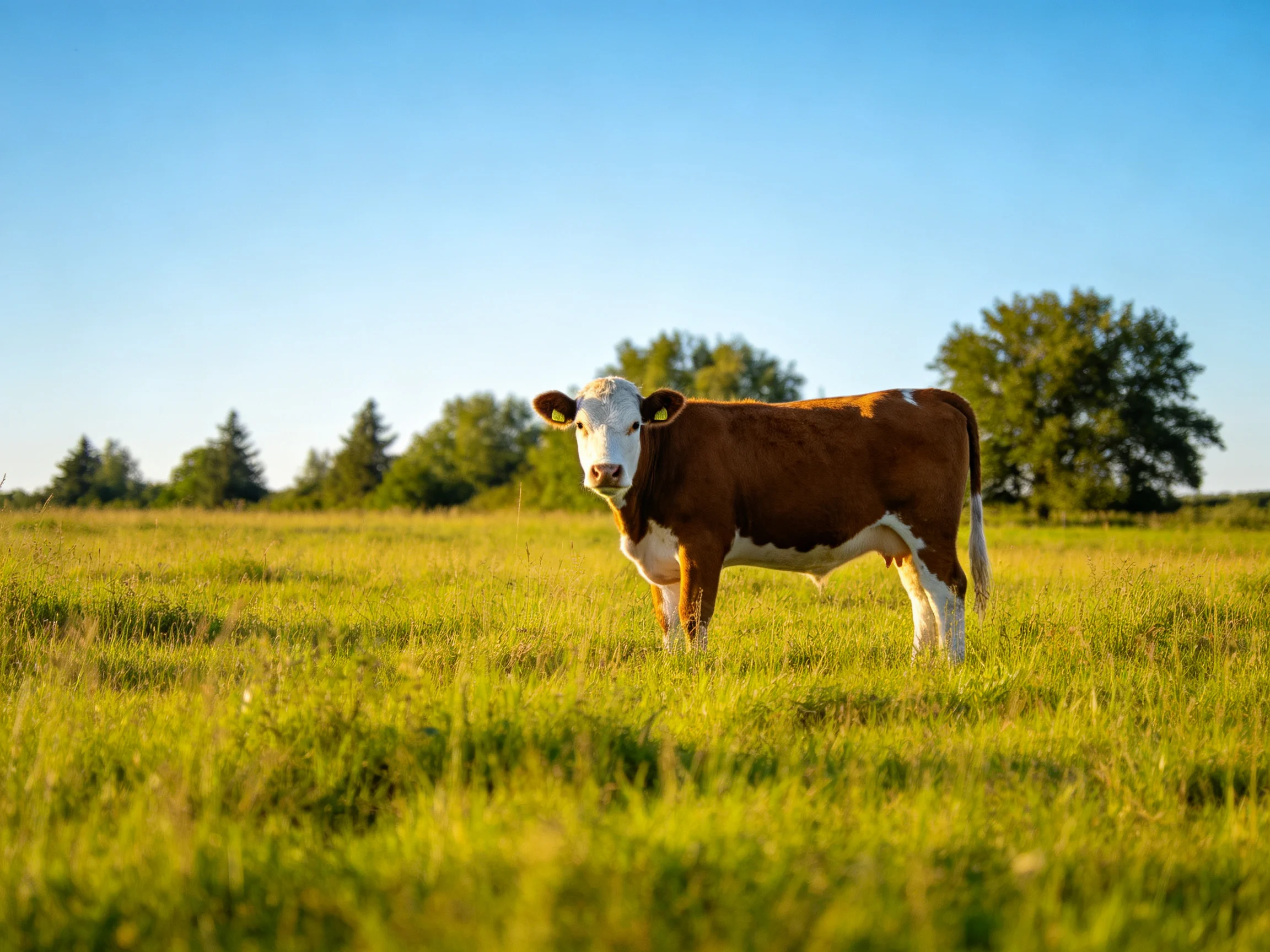 A brown and white cow stands in a lush green meadow under clear blue sky