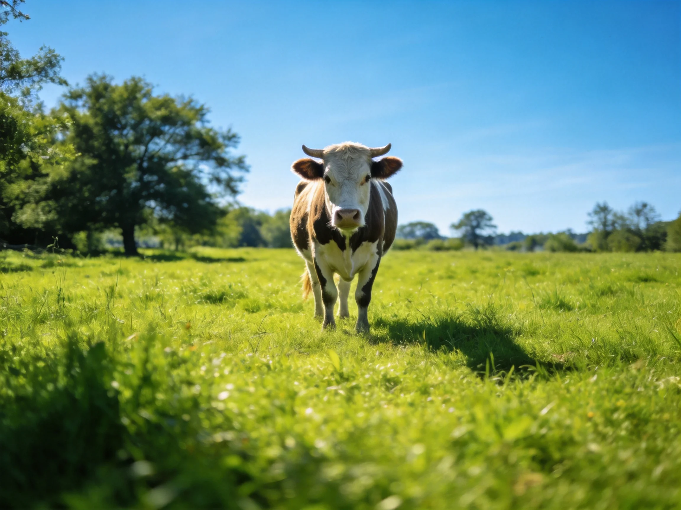 A brown-and-white cow stands in a lush green meadow with distant trees