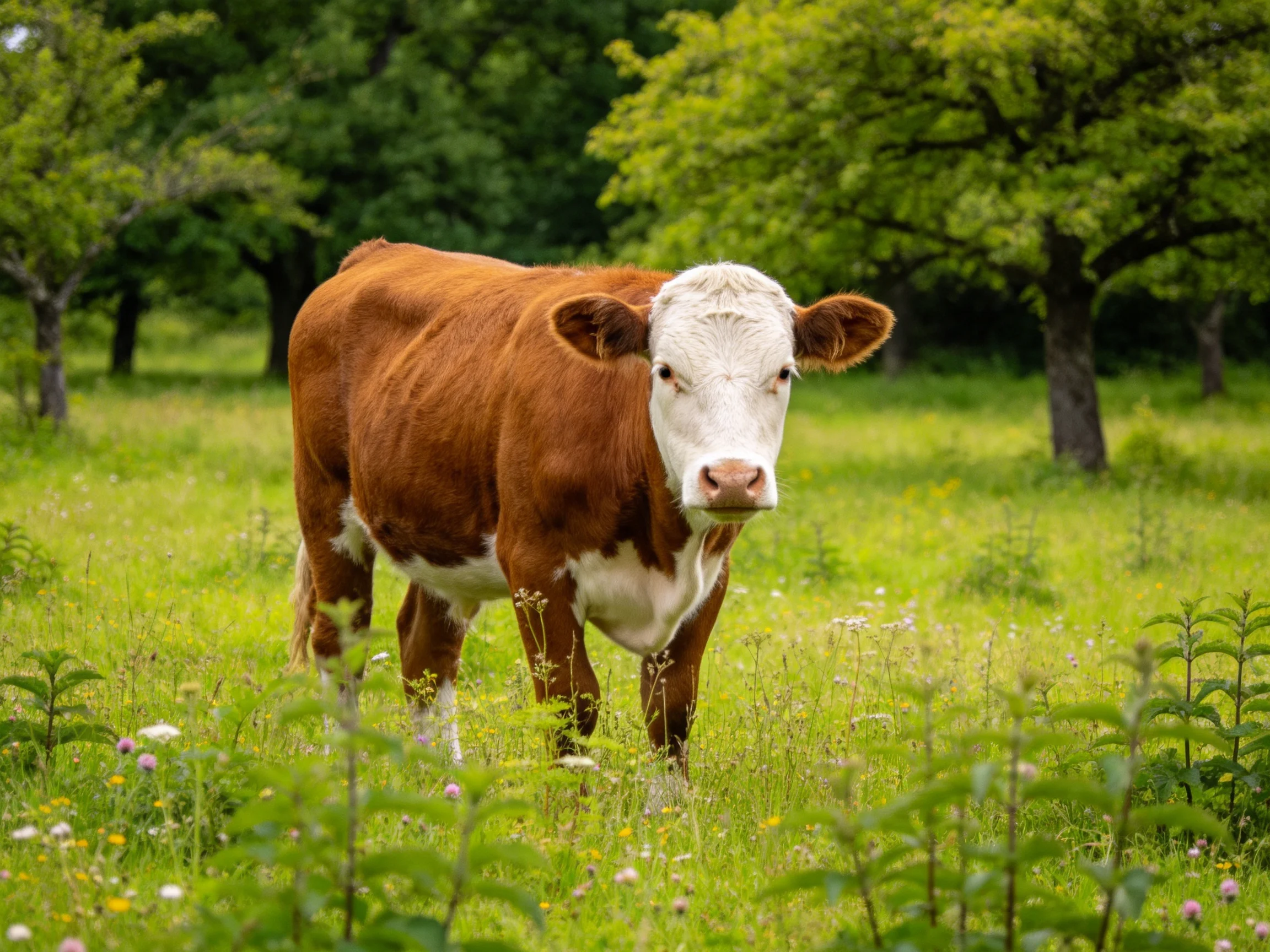 A brown and white cow stands in a lush green meadow with trees
