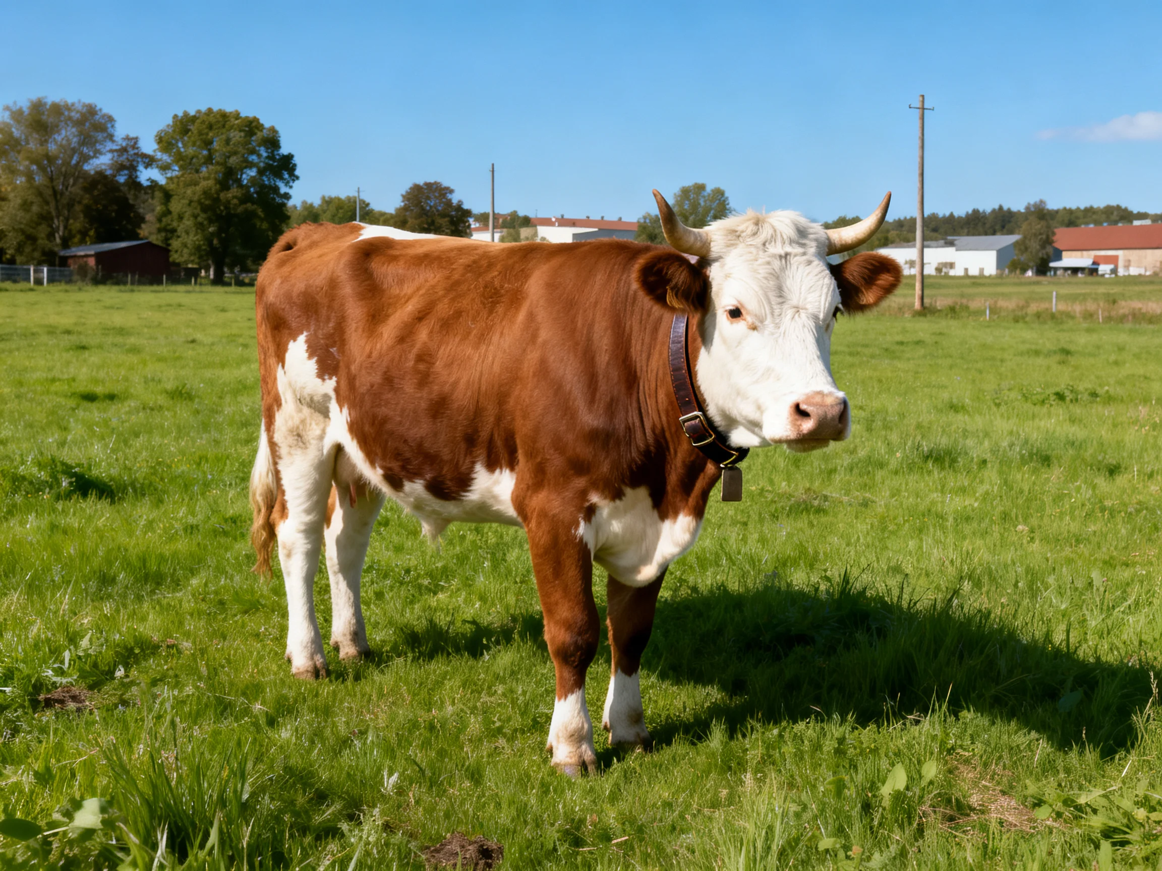 A brown and white cow stands in a lush green pasture
