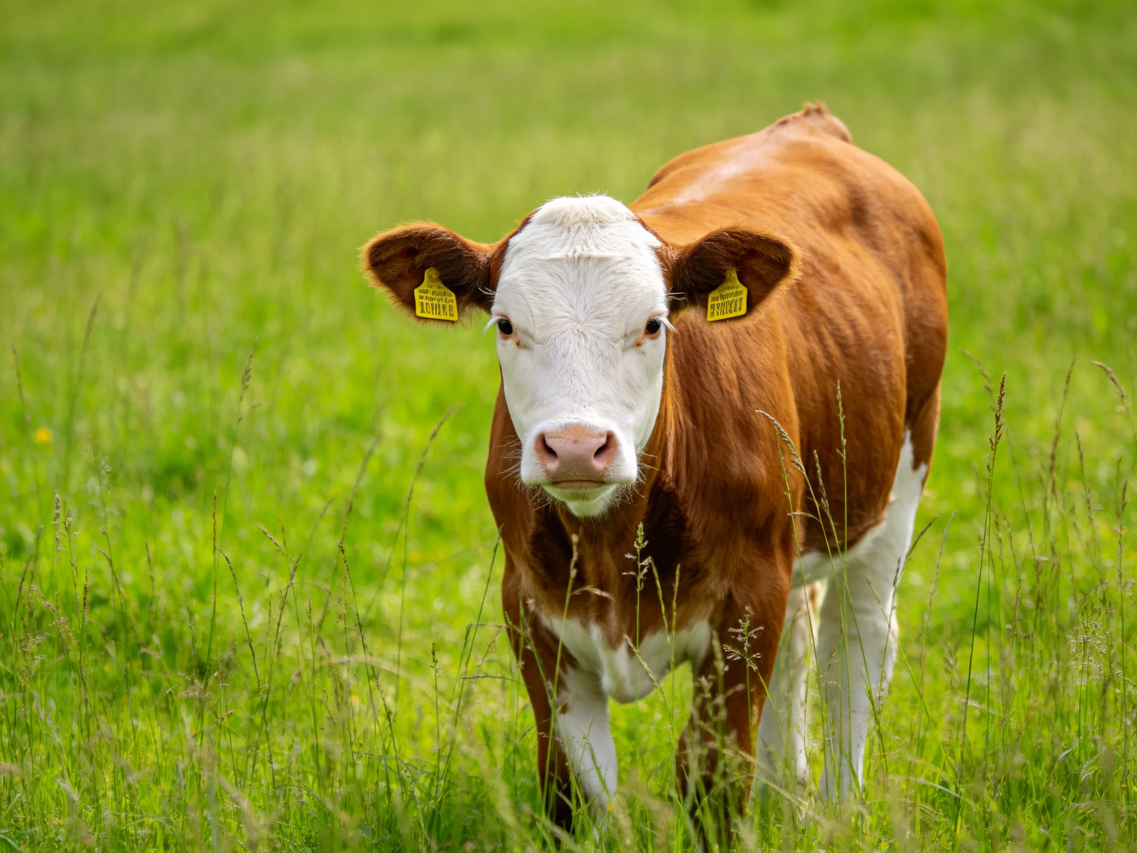 A brown and white cow stands in a lush green pasture