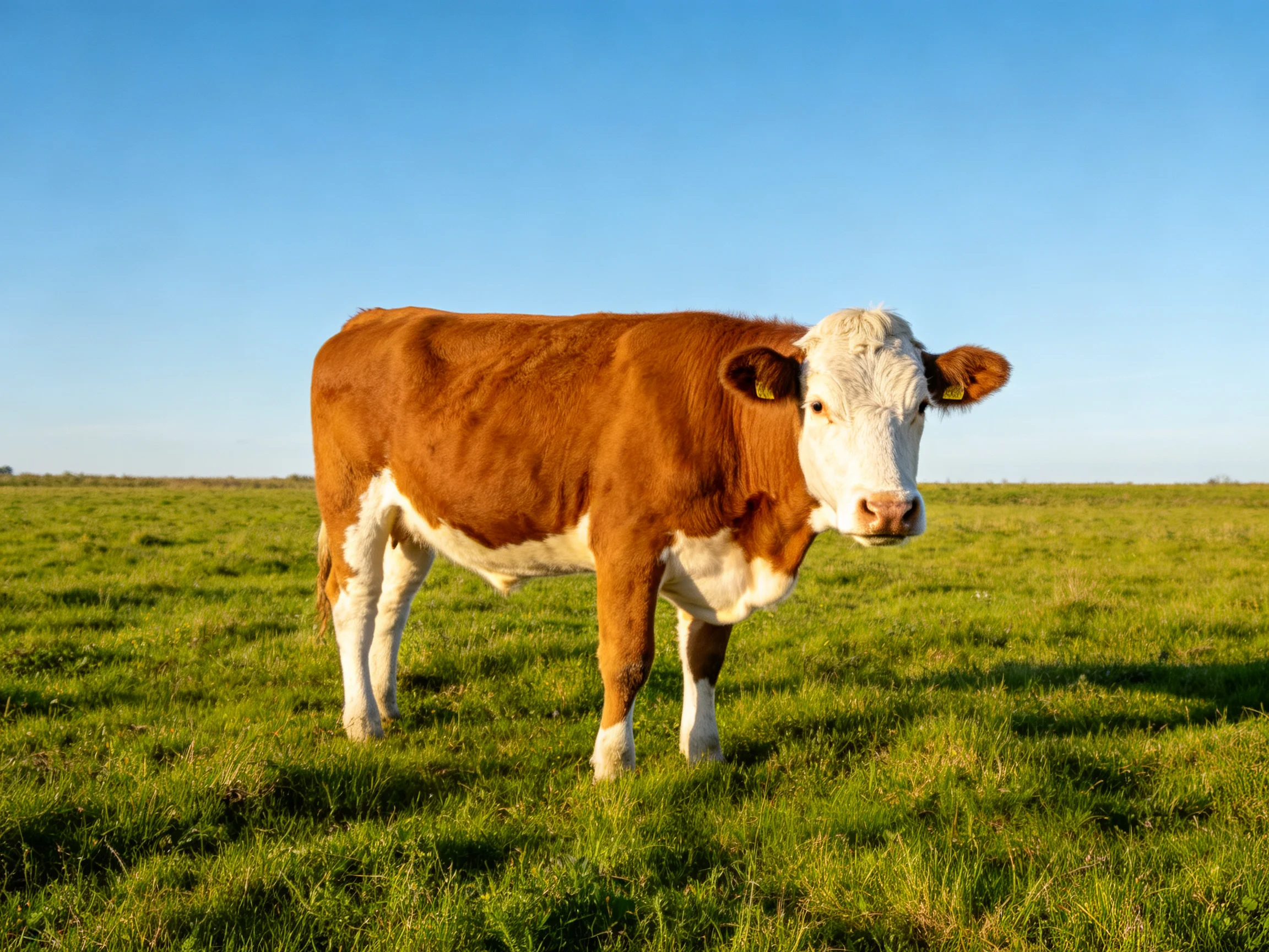 A brown and white cow stands in a lush green pasture beneath a clear blue sky