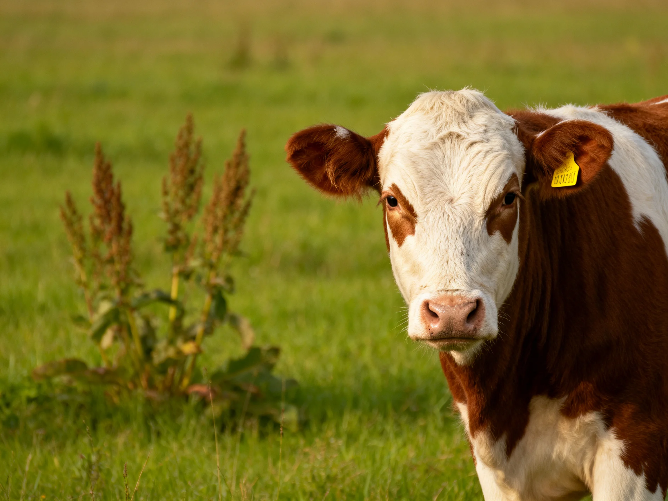 A brown and white cow stands in a lush green pasture