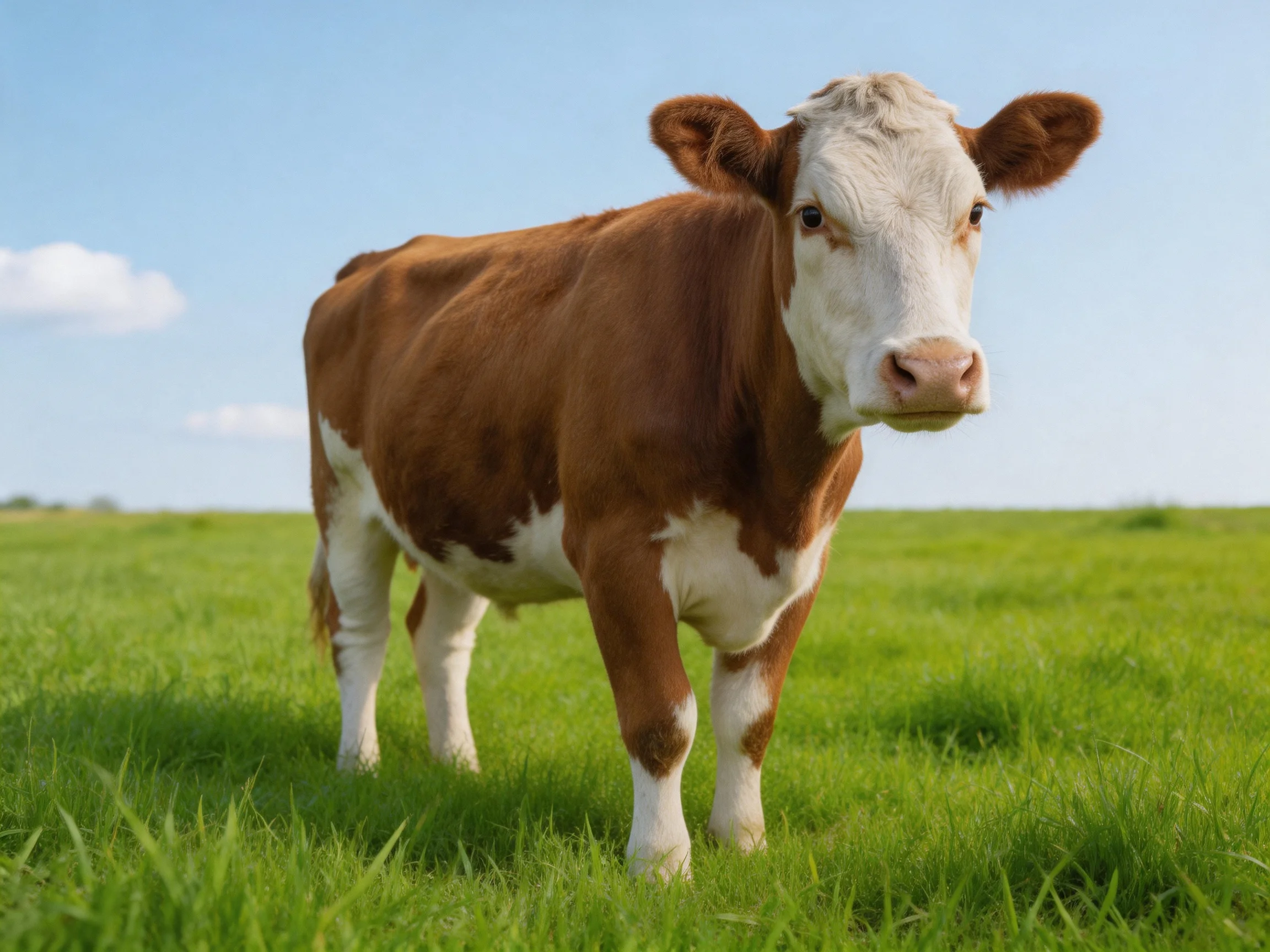 A brown and white cow stands in a lush green pasture