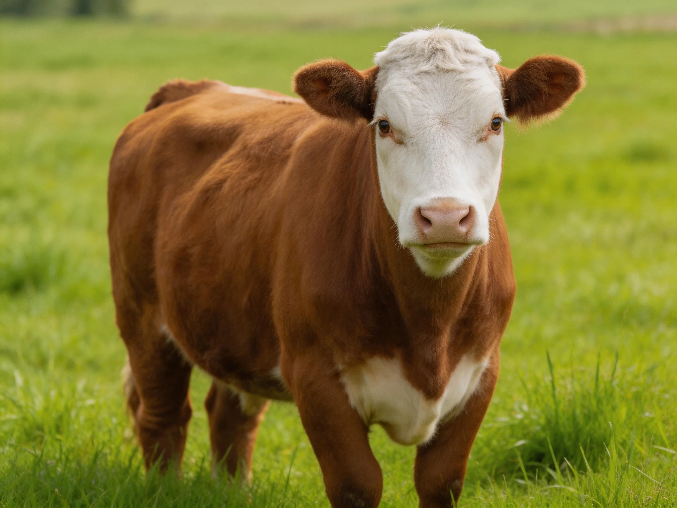 A brown and white cow stands in a lush green pasture