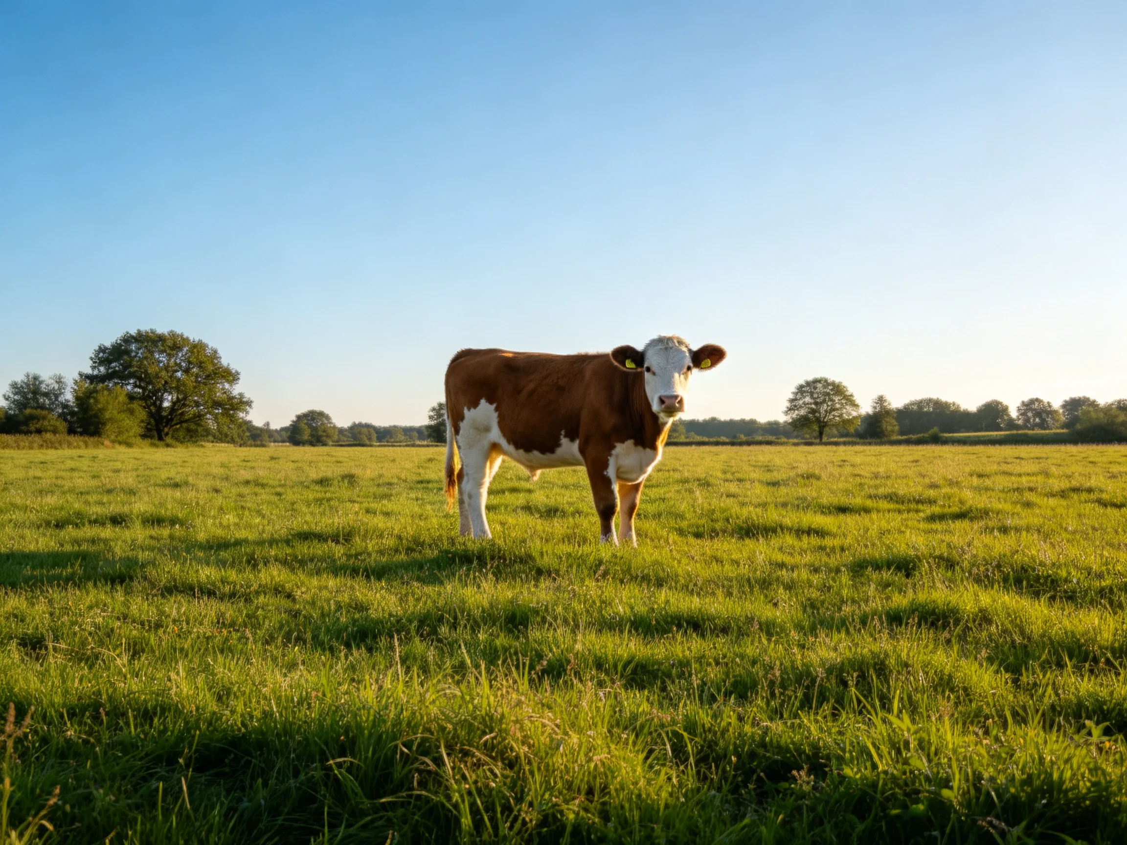 A brown-and-white cow stands in a lush green pasture under bright blue sky