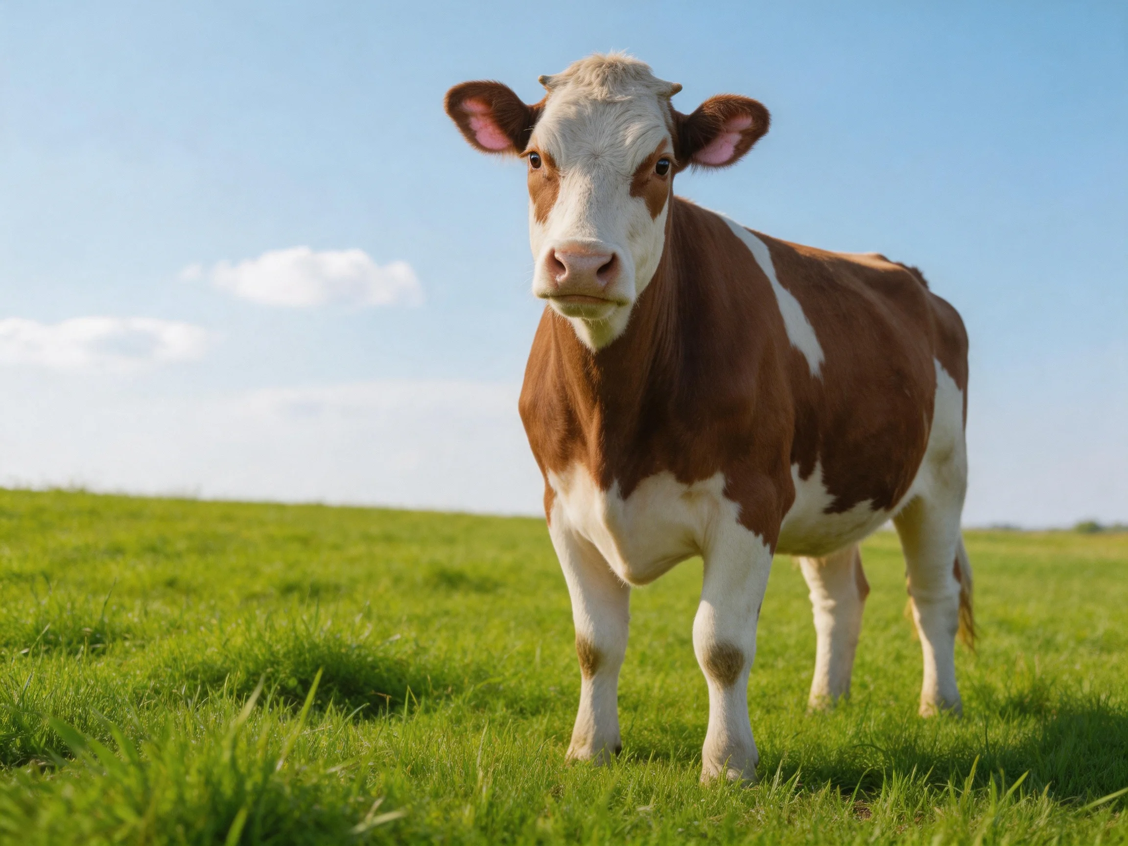 A brown and white cow stands in a lush green pasture under clear blue sky