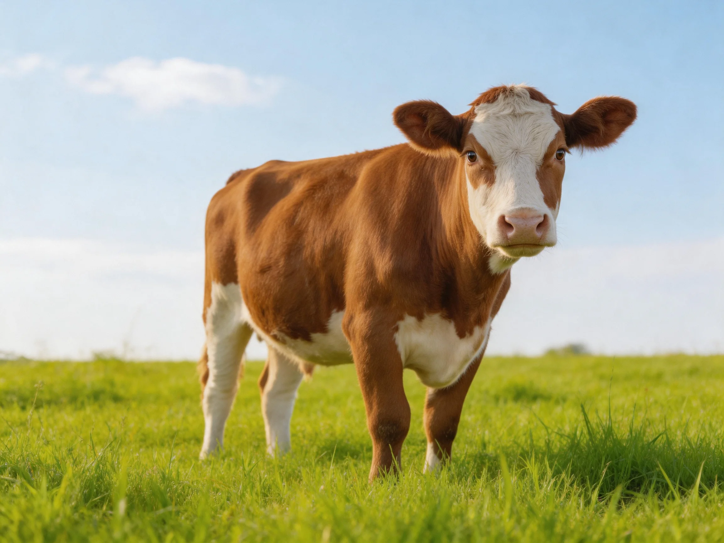 A brown and white cow stands in a lush green pasture under clear blue sky