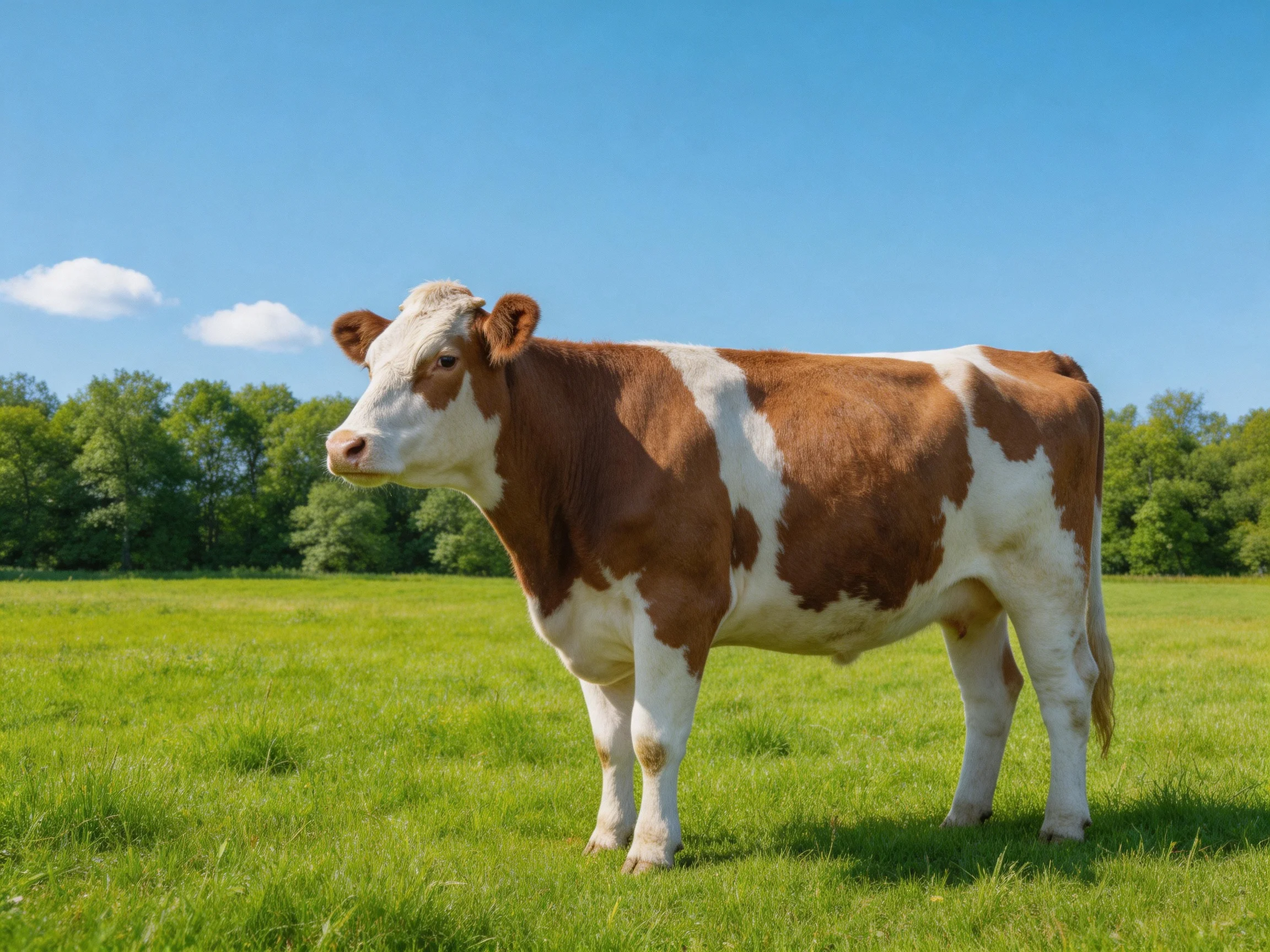 A brown and white cow stands in a lush green pasture under clear blue sky