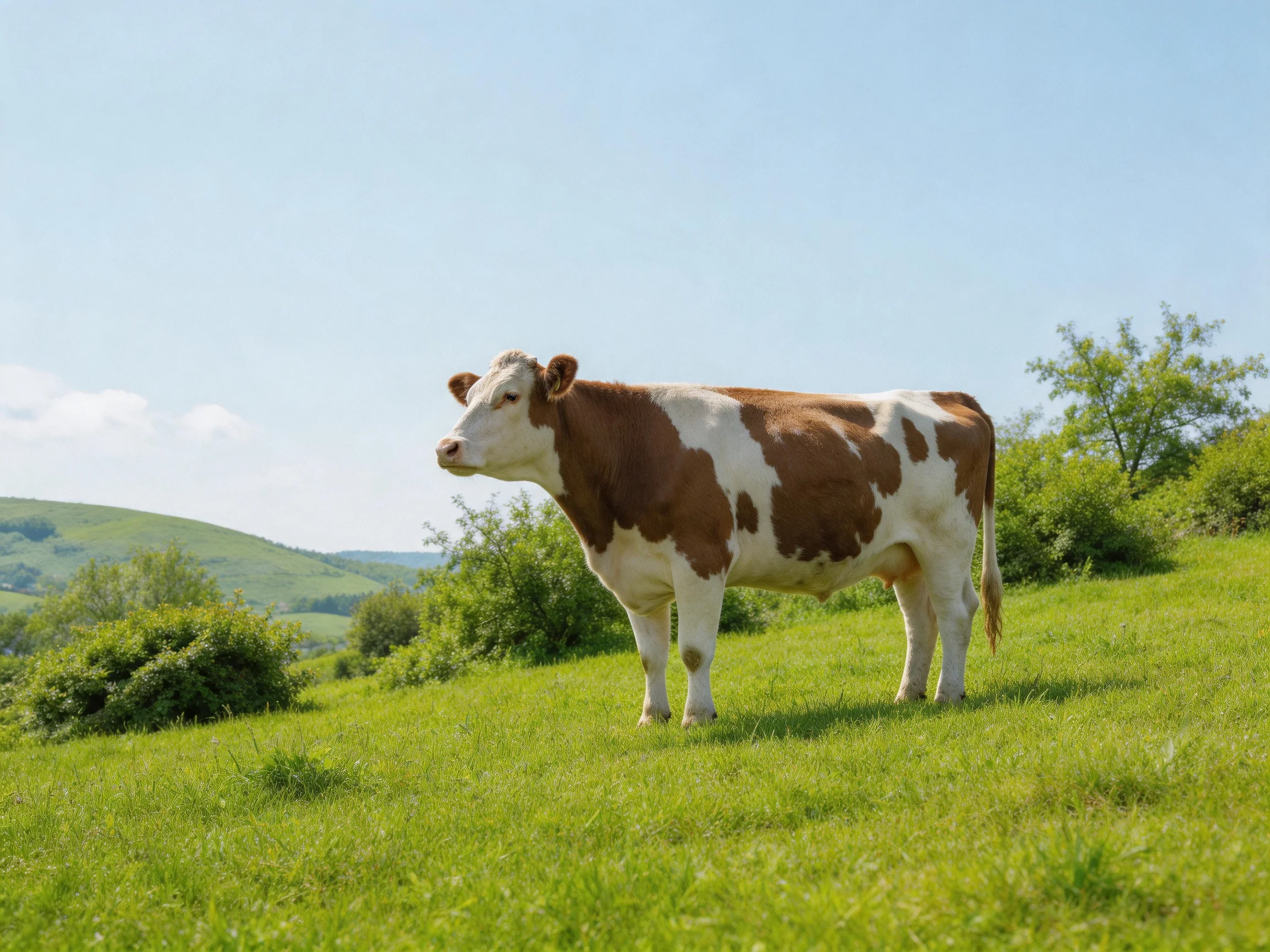 A brown and white cow stands in a lush green pasture with rolling hills