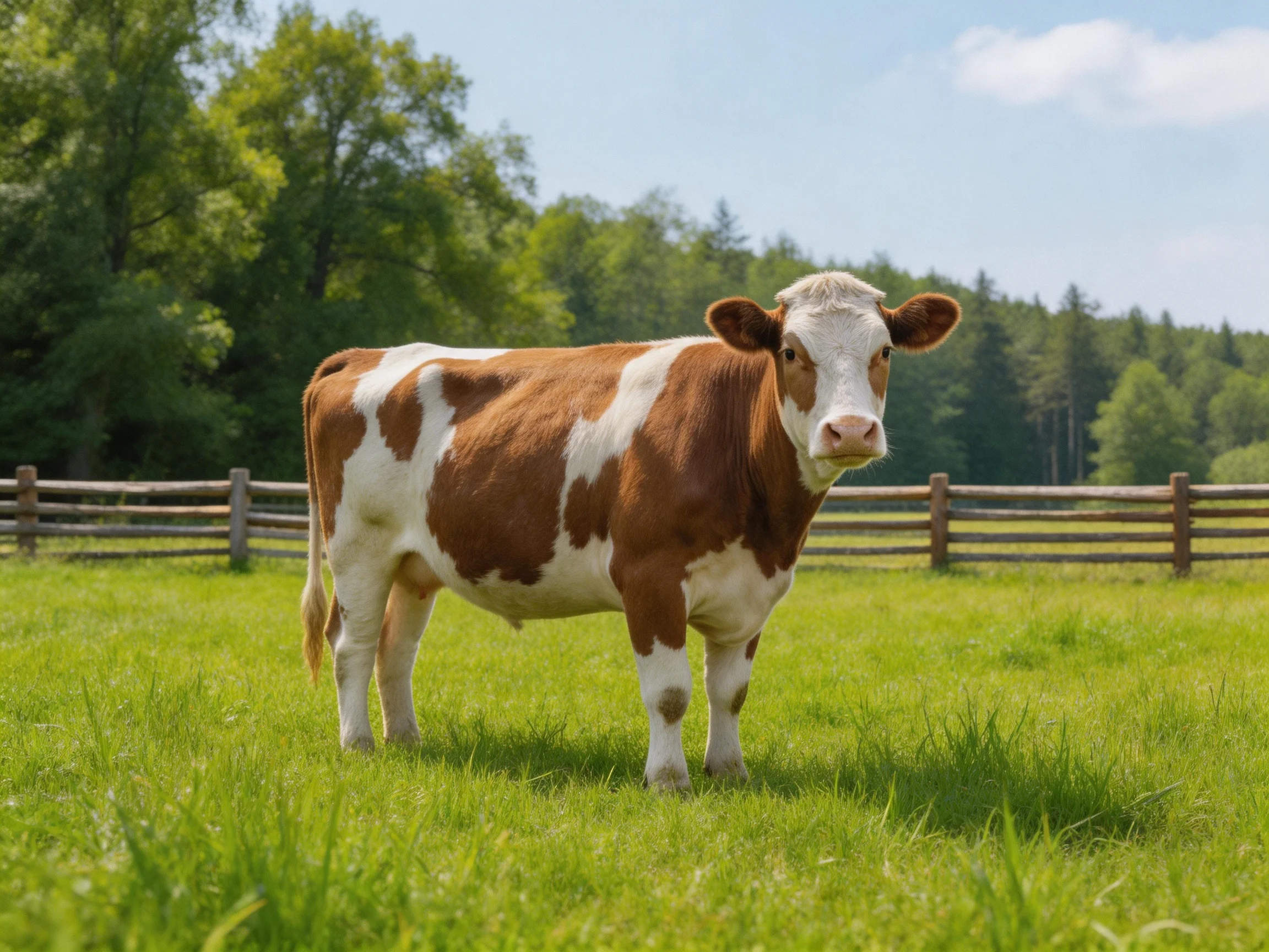 A brown and white cow stands in a lush green pasture with wooden fences