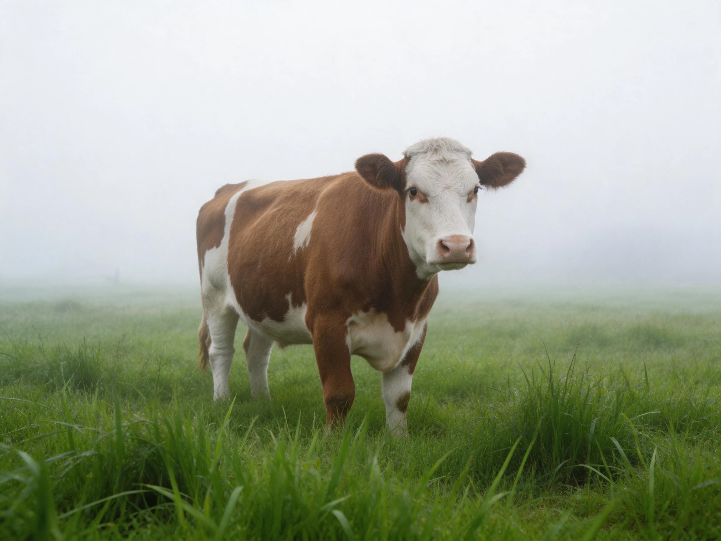 A brown and white cow stands in a misty green pasture