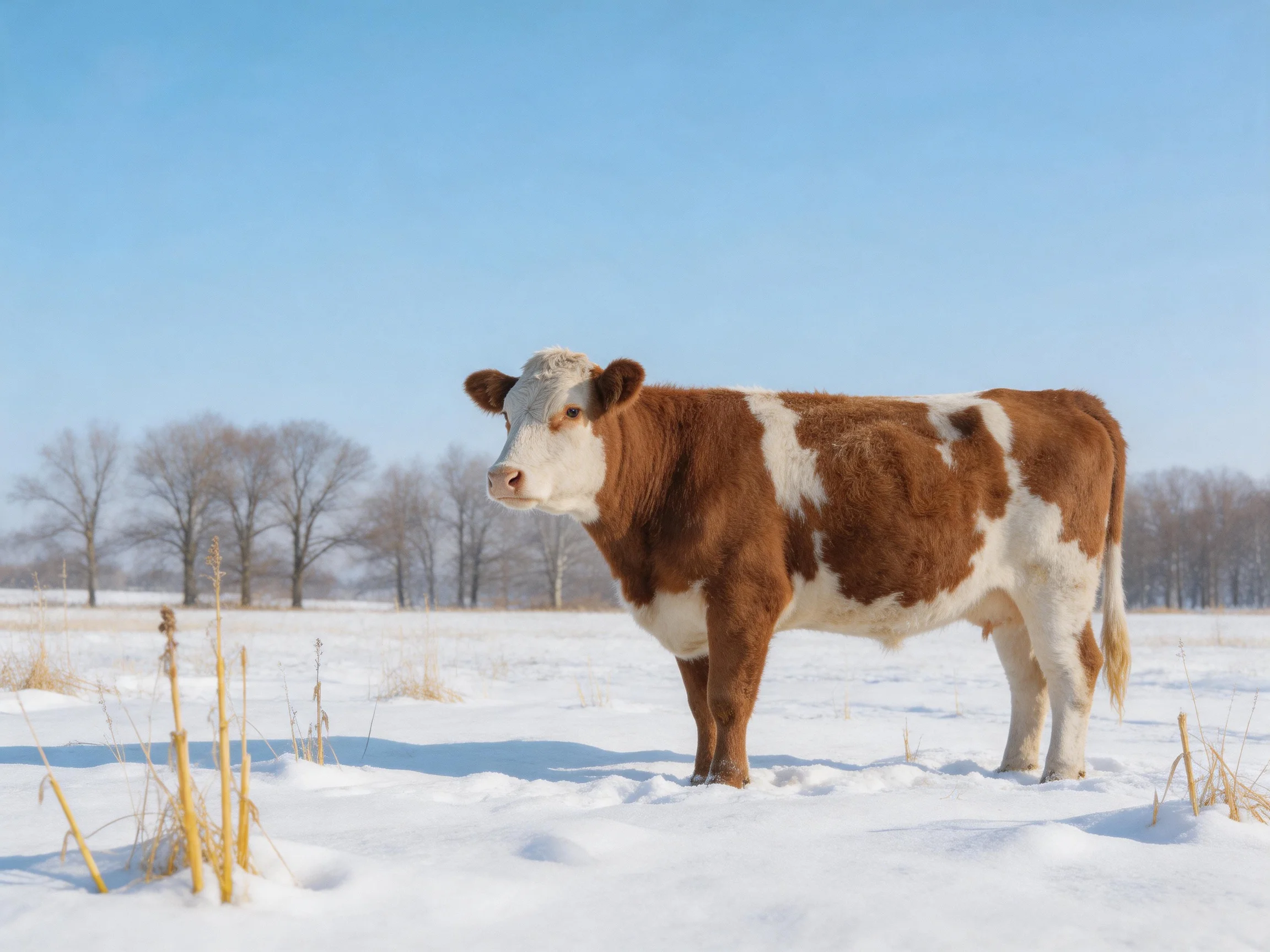 A brown and white cow stands in a snow - covered open field with bare trees