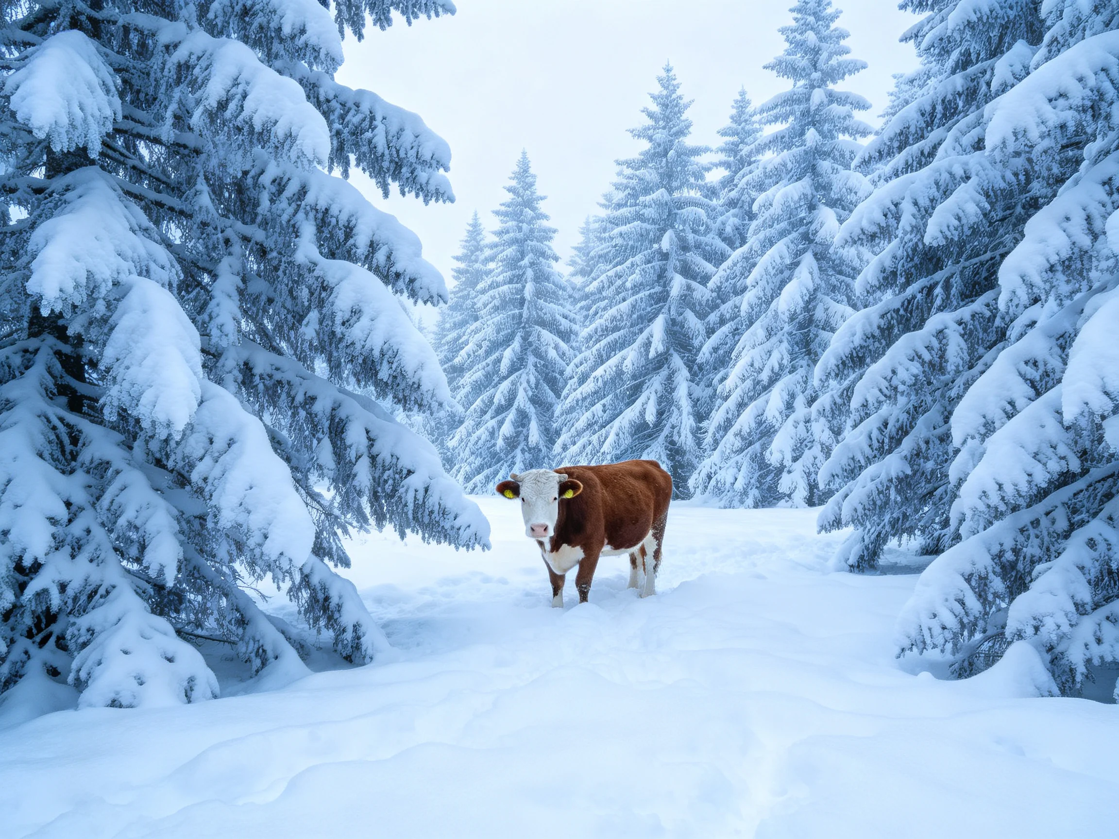 A brown and white cow stands in a snowy forest of snow-laden evergreens